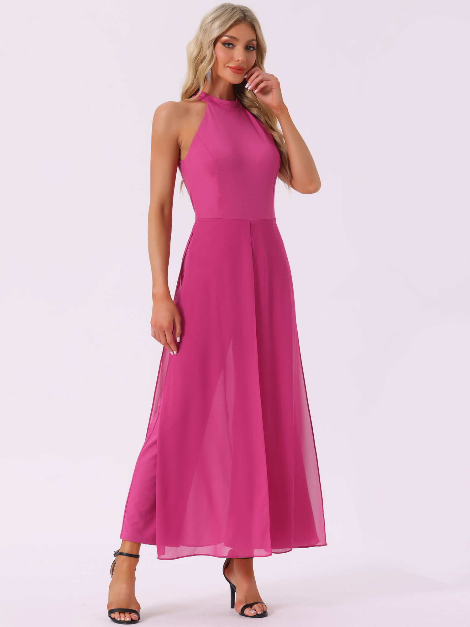 Sleeveless Halter Neck Belted Elegant Wedding Cocktail Dressy Jumpsuits Hot Pink/XL