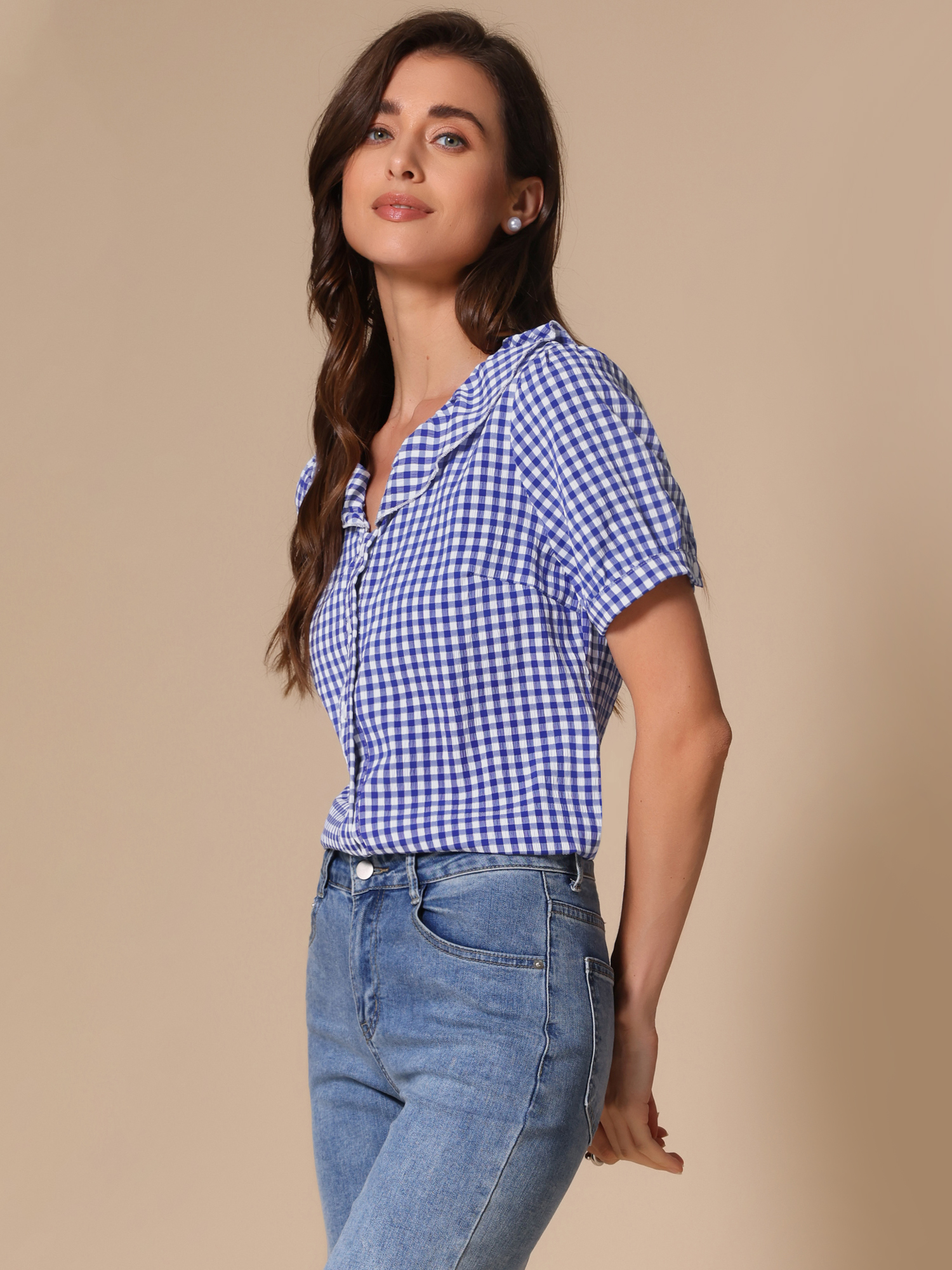 Plaid Blouse Puff Sleeve Ruffle Peter Pan Collar Shirt Top Dark Blue/XL