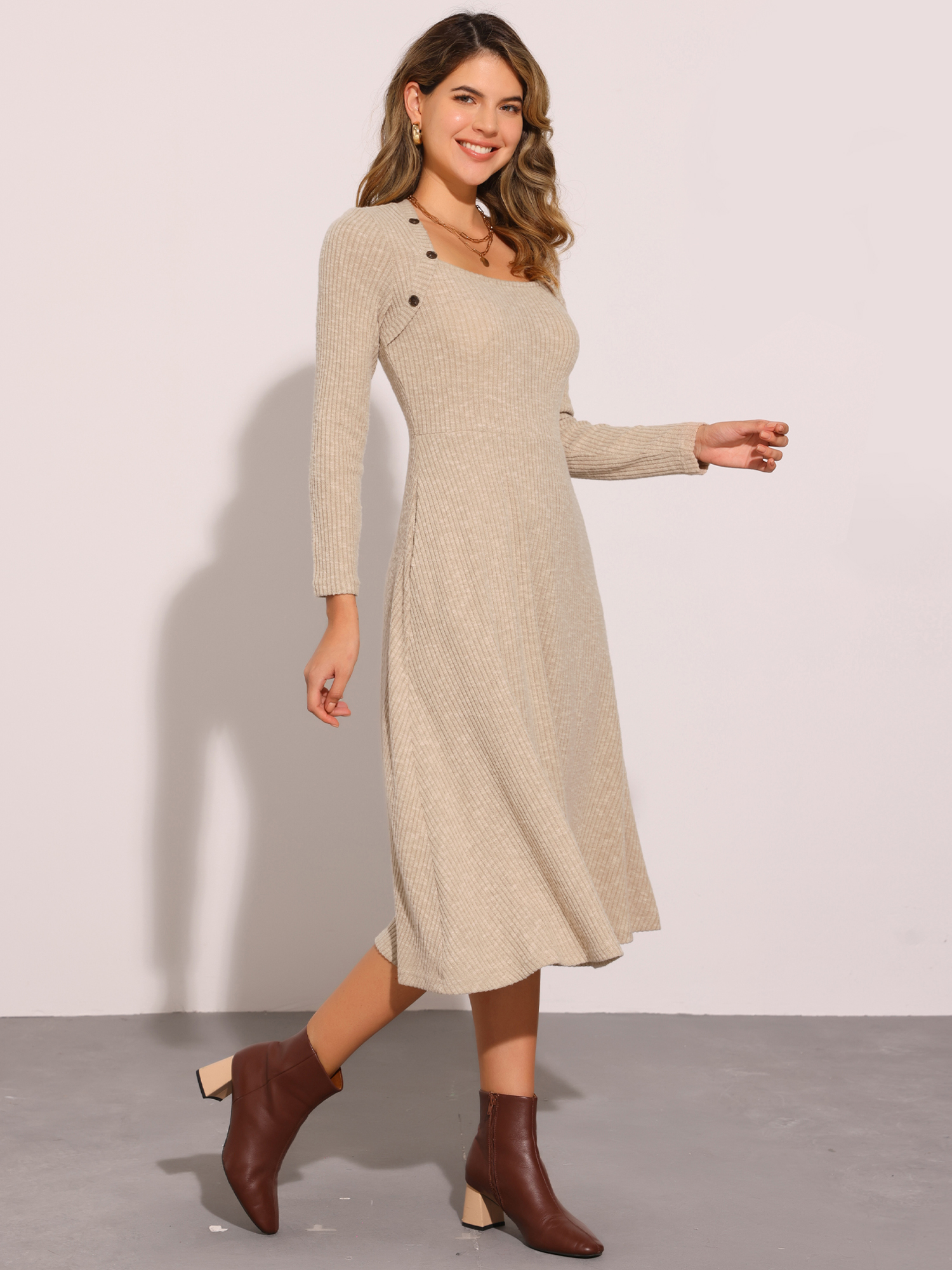 Casual Square Neck A-Line Pockets Midi Knitted Sweater Dress Light Khaki/L