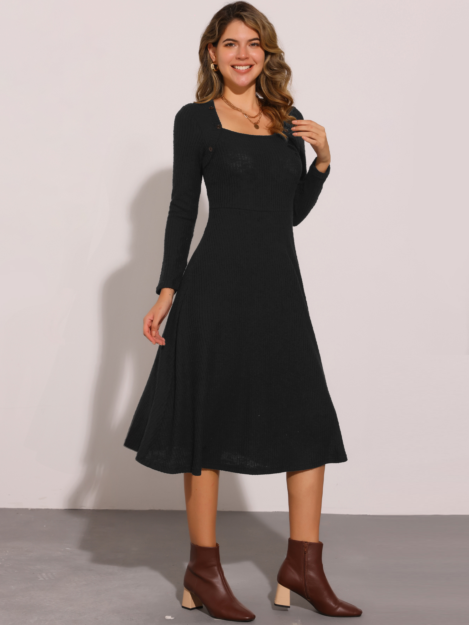 Casual Square Neck A-Line Pockets Midi Knitted Sweater Dress Black/XS