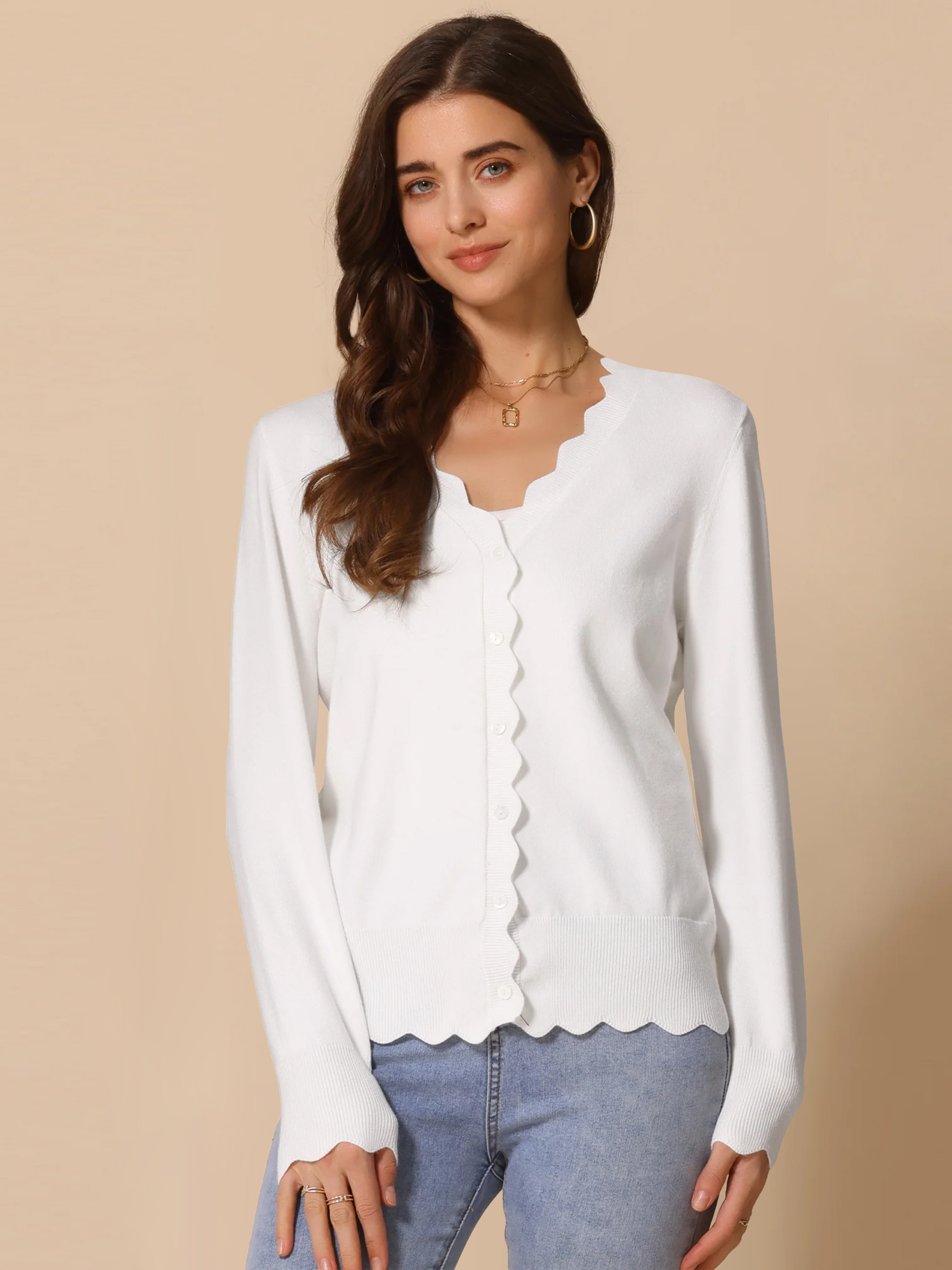 V Neck Long Sleeve Button Down Knit Cardigans Beige/XL
