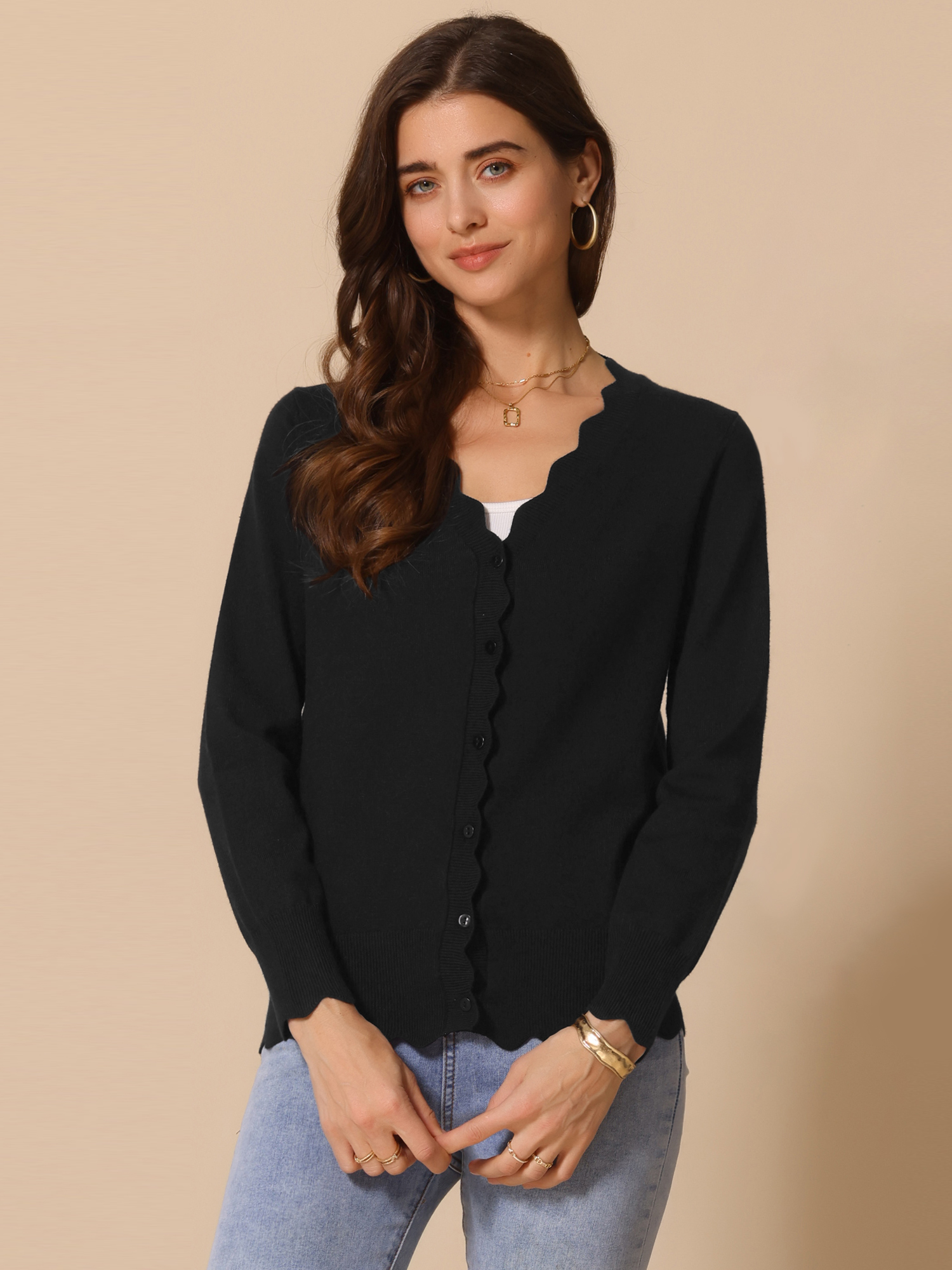V Neck Long Sleeve Button Down Knit Cardigans Black/XL