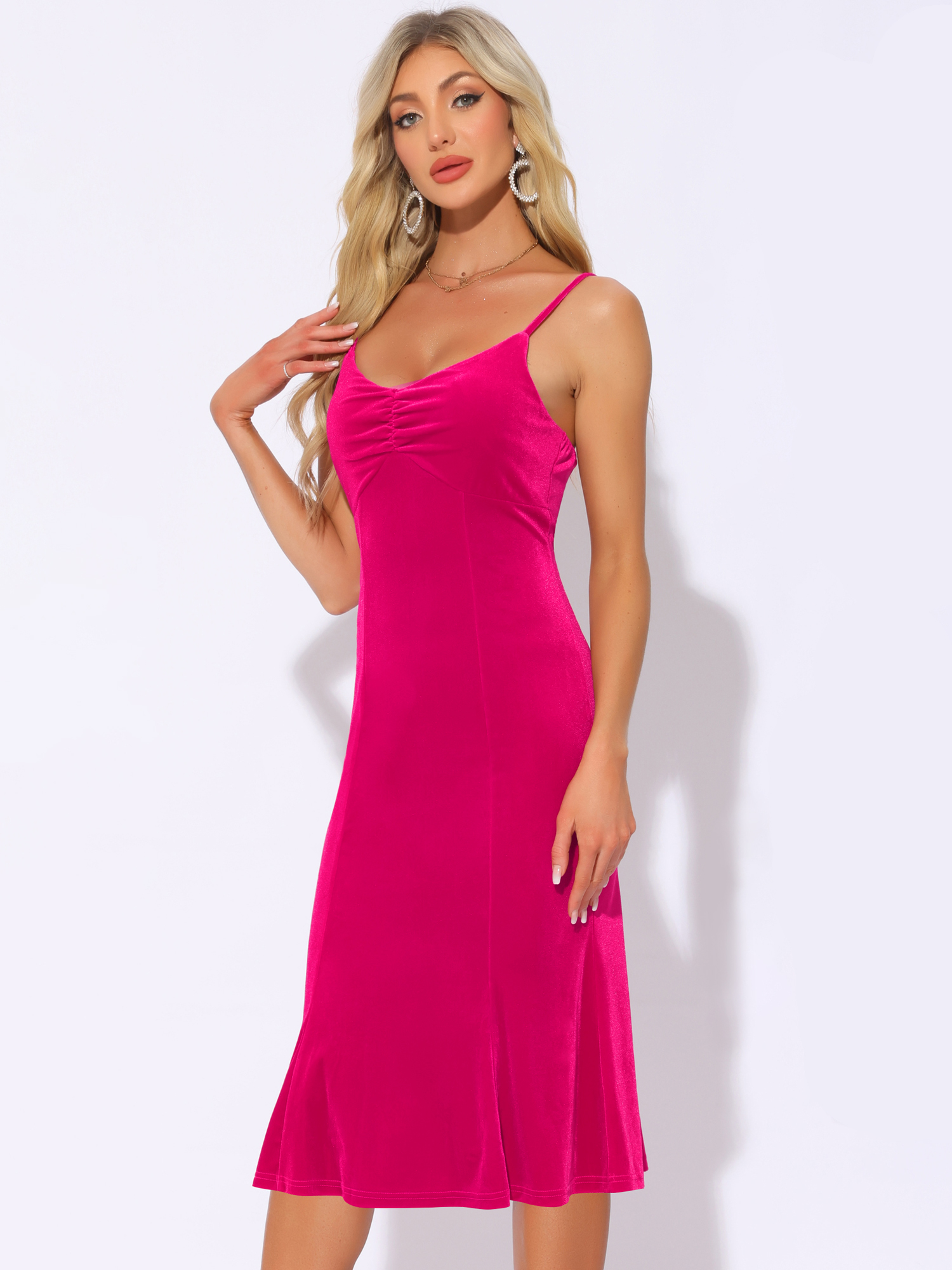 Spaghetti Straps V Neck Fishtail Cocktail Velvet Midi Dress Hot Pink/XS