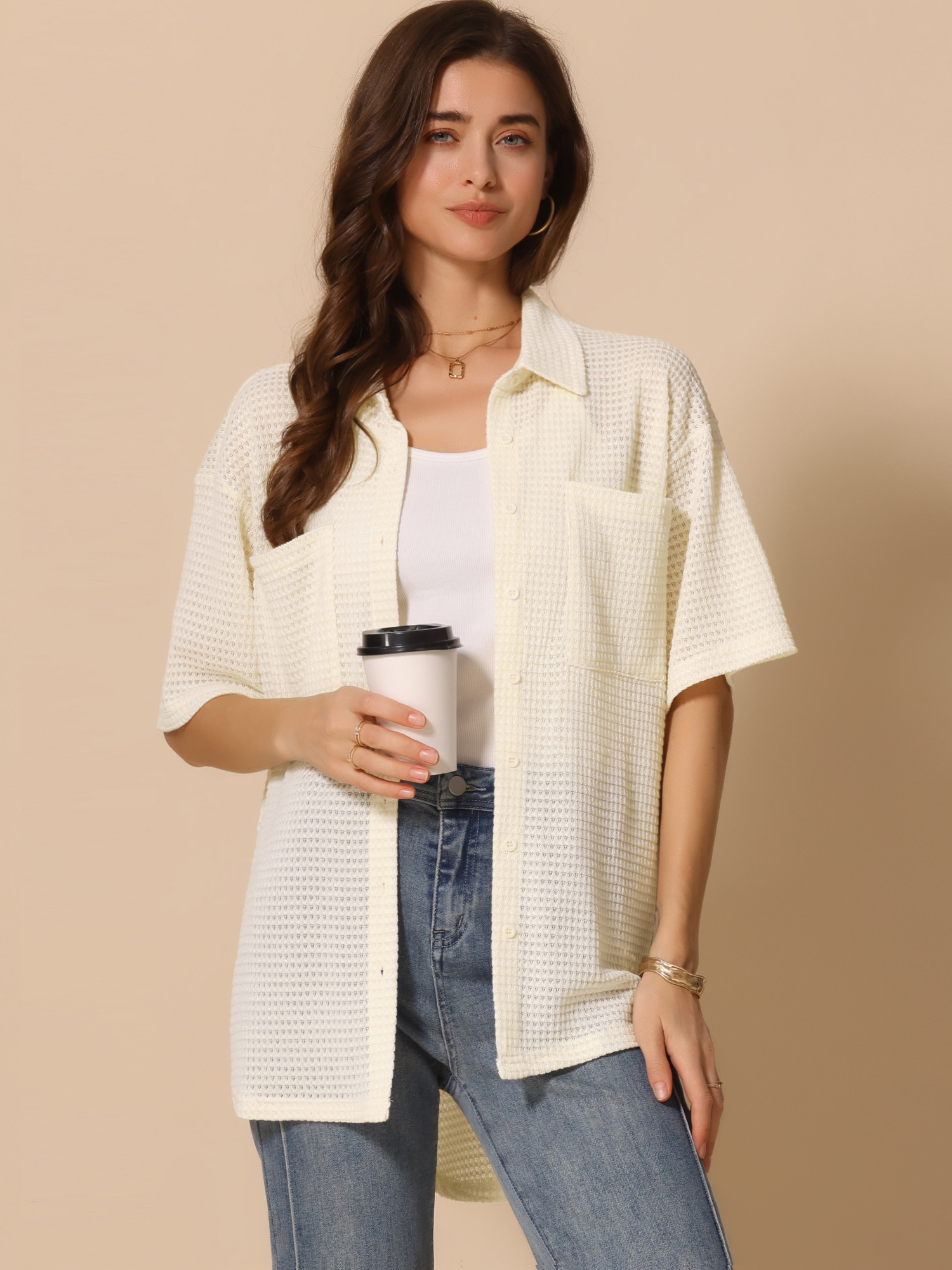 Waffle Knit Half Sleeve Button Down Textured Shirts Beige/L