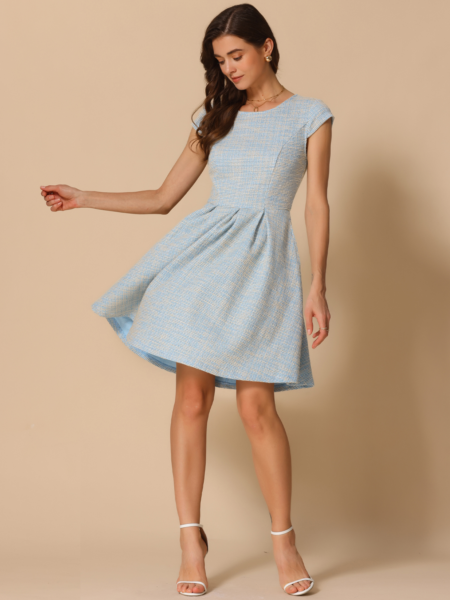 Plaid Tweed Round Neck Cap Sleeve A-Line Vintage Pleated Dress Blue White/S