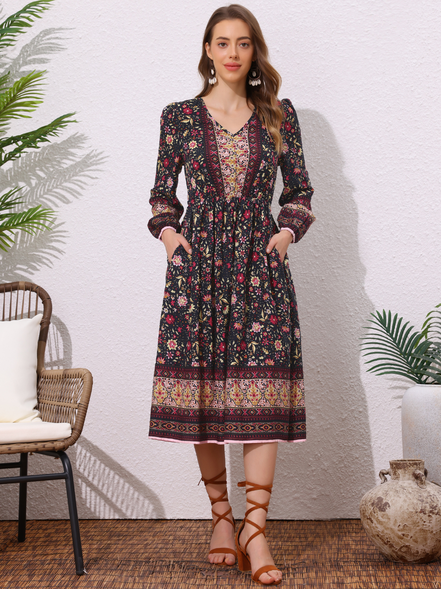 Boho Floral Long Sleeves Pocketed Slit A-Line Midi Dress Navy Blue/XS