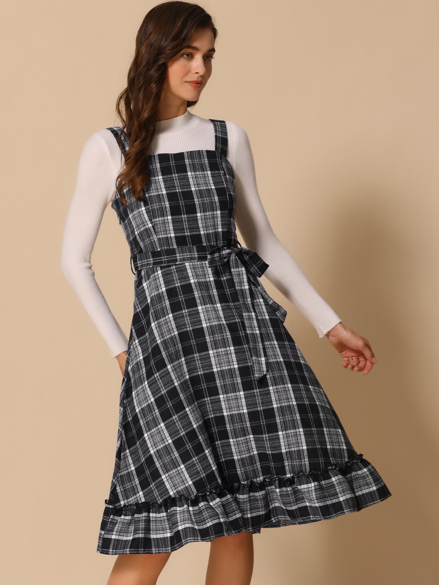 Plaid Ruffled Sleeveless Tie Waist A-Line Pinafore Overall Dress Black White/M