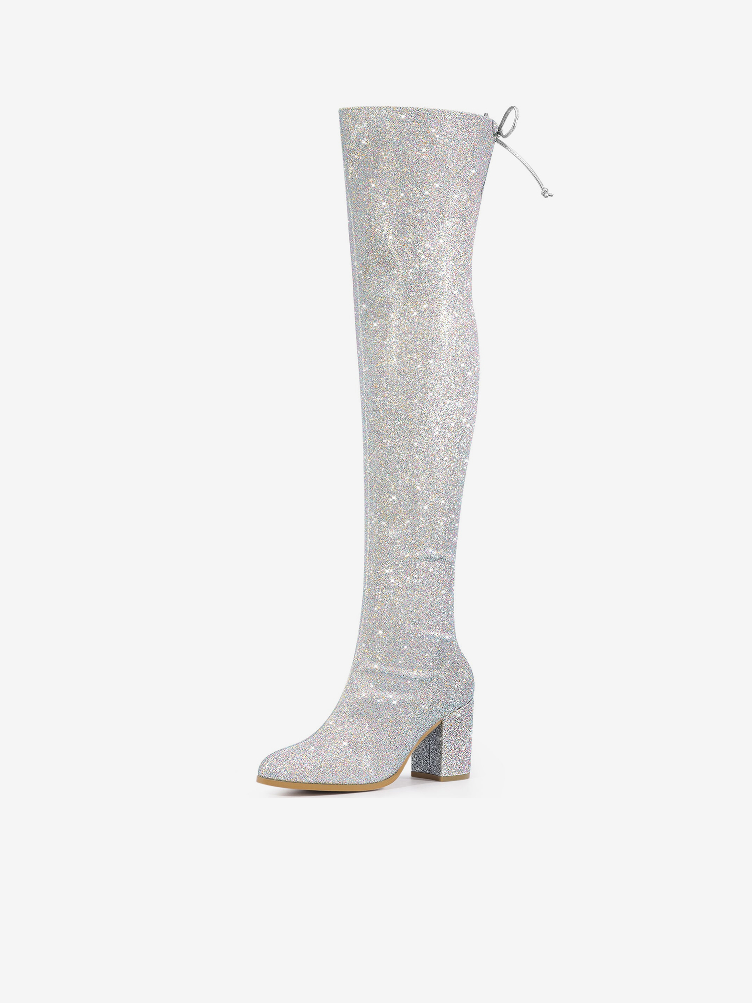 Women's Glitter Round Toe Chunky Heel Over the Knee High Boots Silver/8.5