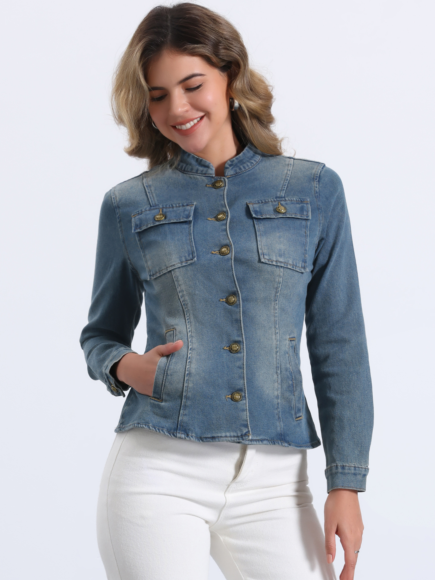 Casual Denim Classic Stand Collar Long Sleeve Jean Jacket Vintage Blue/S