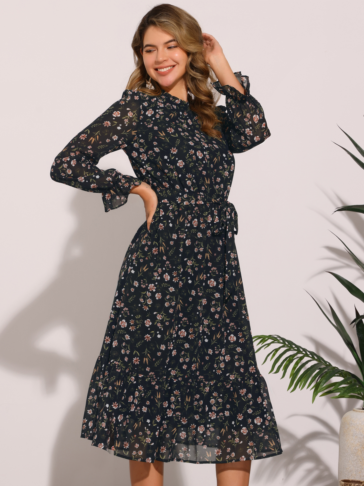 Floral Long Sleeve Belted Flowy Chiffon Midi Dress Black/S