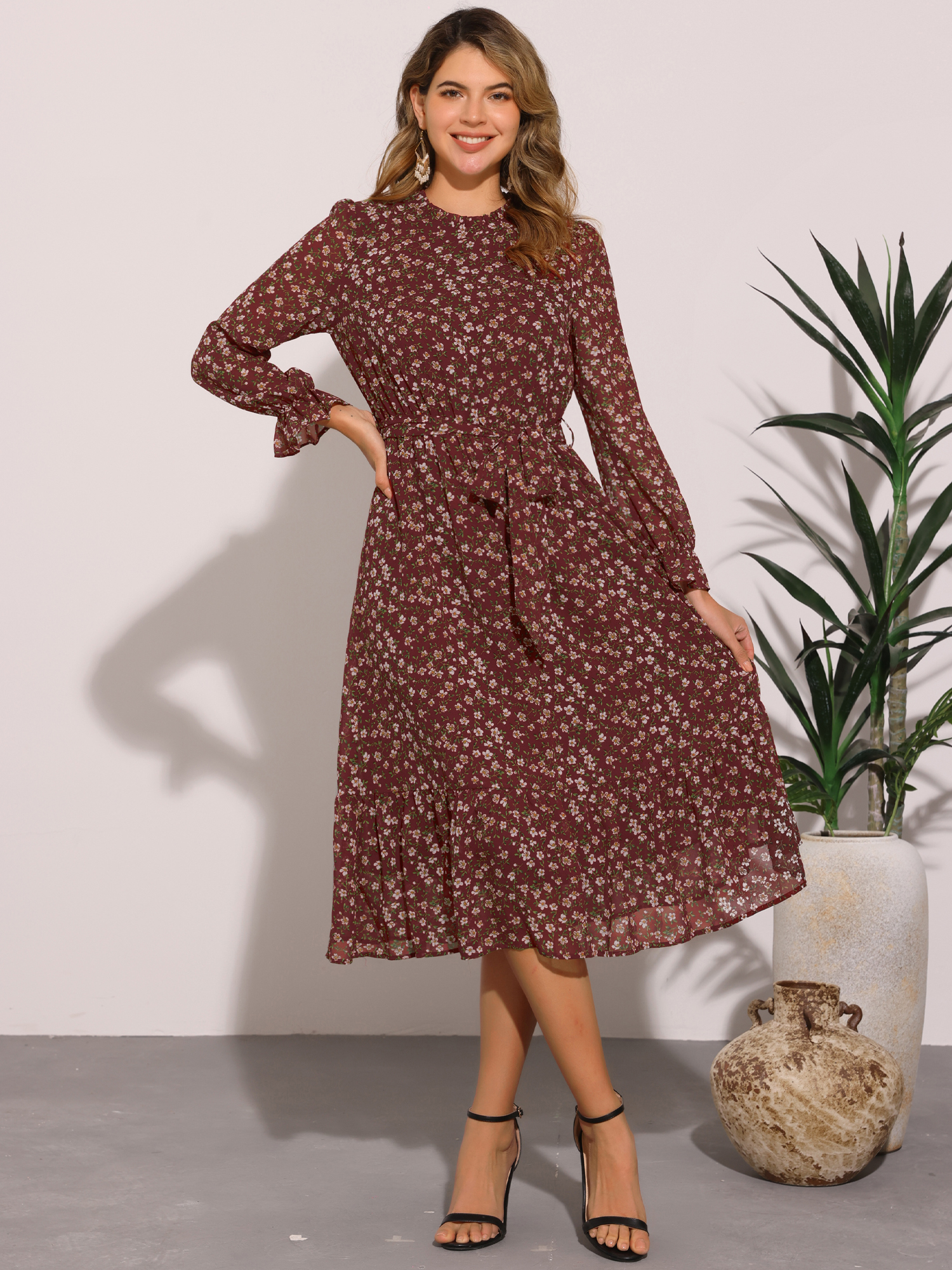 Floral Long Sleeve Belted Flowy Chiffon Midi Dress Wine Red/XS