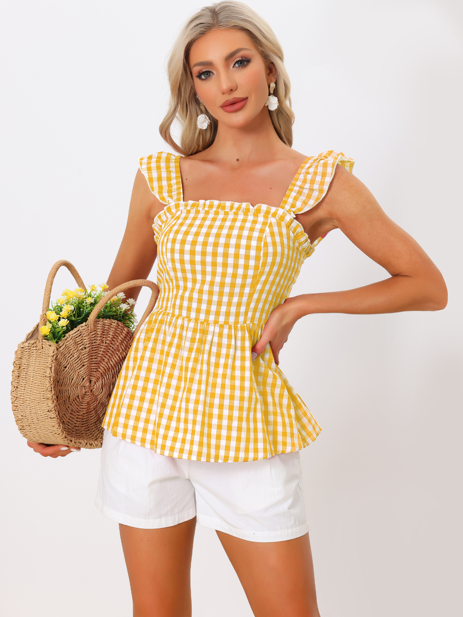 Gingham Peplum Top Summer Square Neck Sleeveless Plaid Blouse Yellow/S