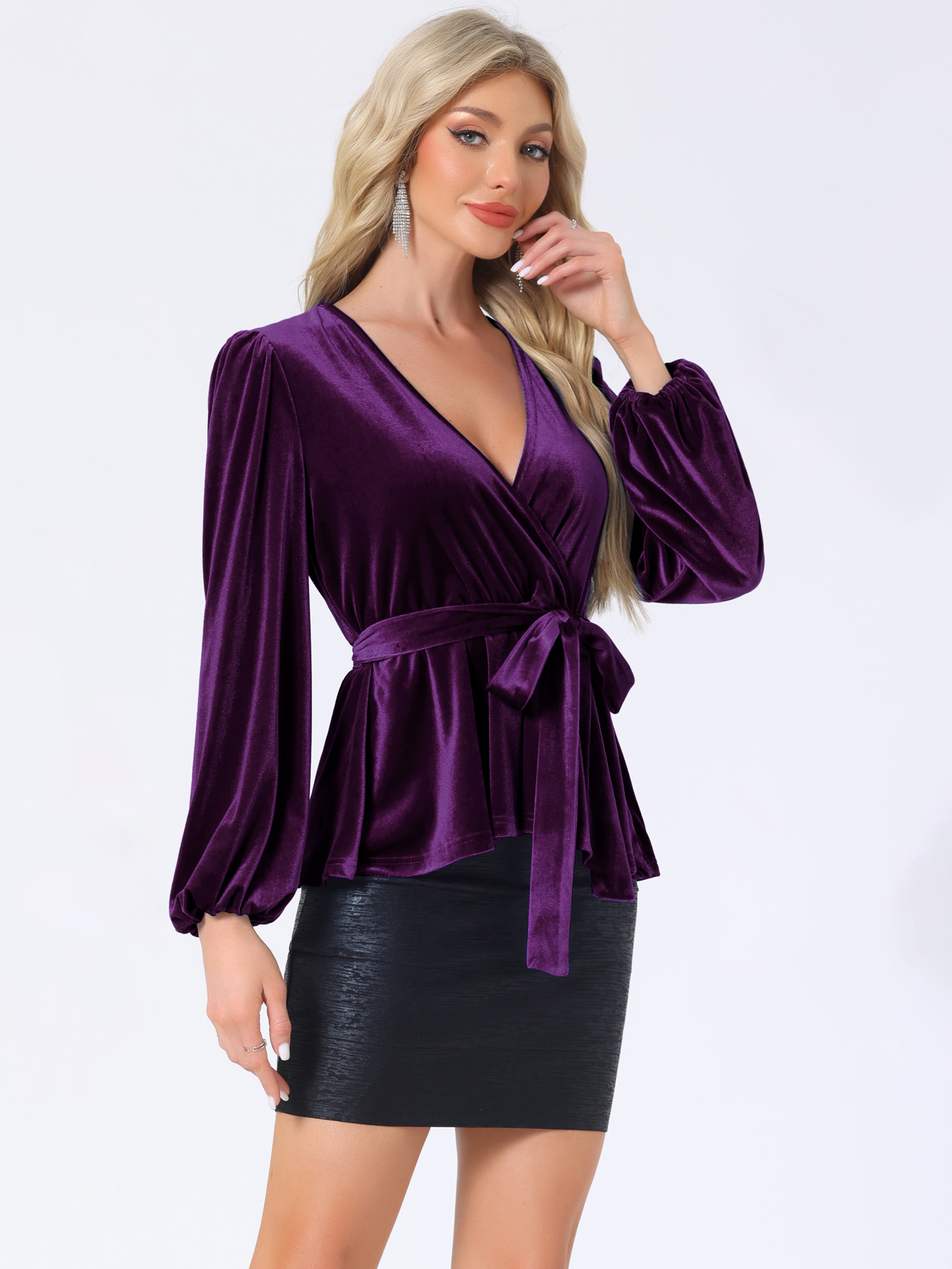 Velvet Wrap Tie Waist Long Sleeve Peplum Blouse Purple/S