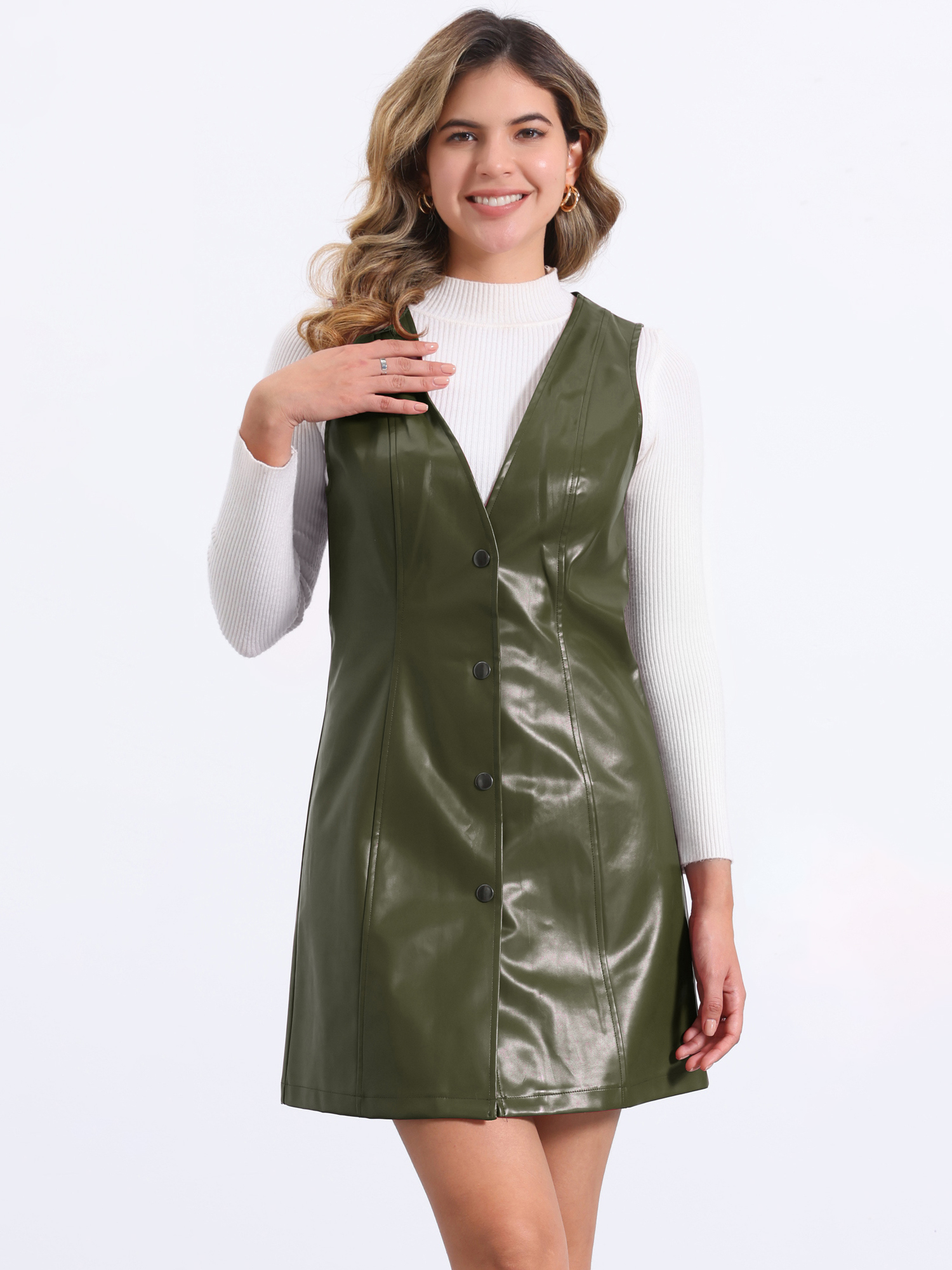 Faux Leather Button Down V Neck Sleeveless Mini Overall Pinafore Dress Olive Green/L