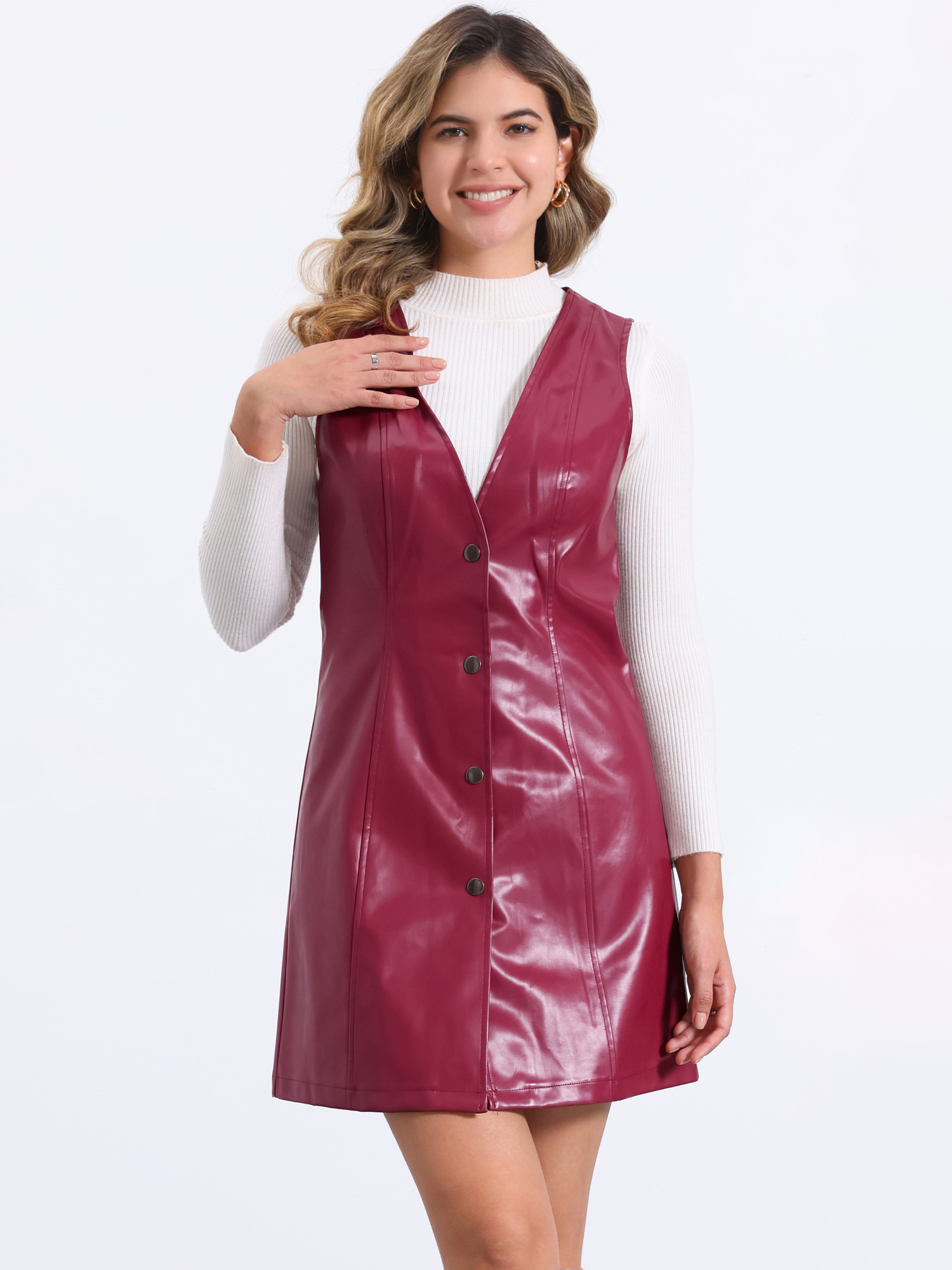 Faux Leather Button Down V Neck Sleeveless Mini Overall Pinafore Dress Red/S