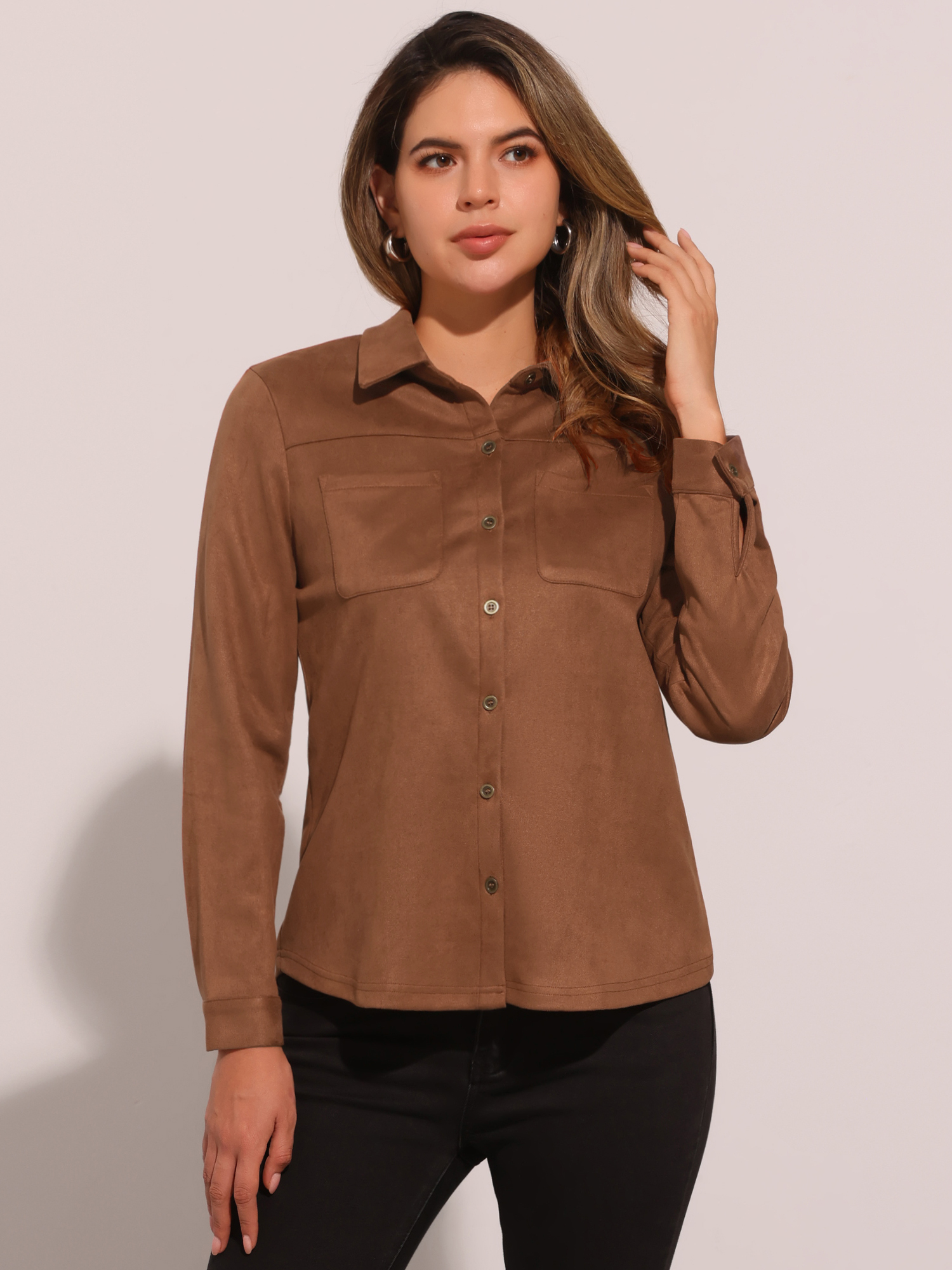 Faux Suede Long Sleeve Button Up Casual Shirts Brown/S