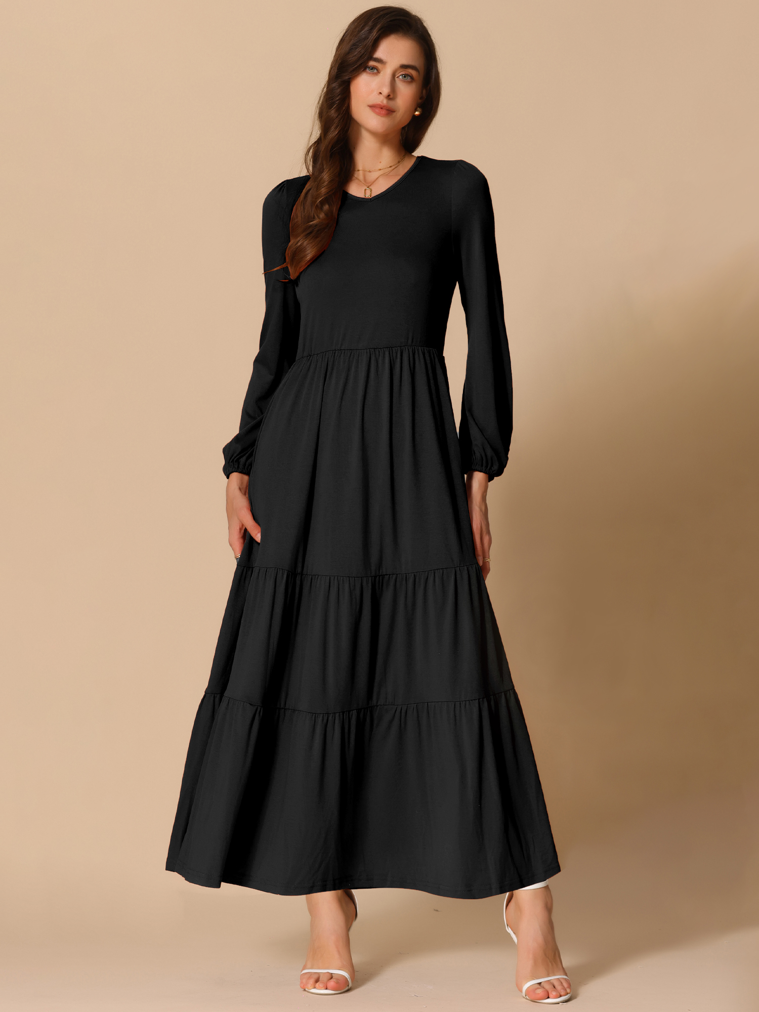 Crew Neck Long Sleeve Pockets Tiered A-Line Maxi Dress Black/L