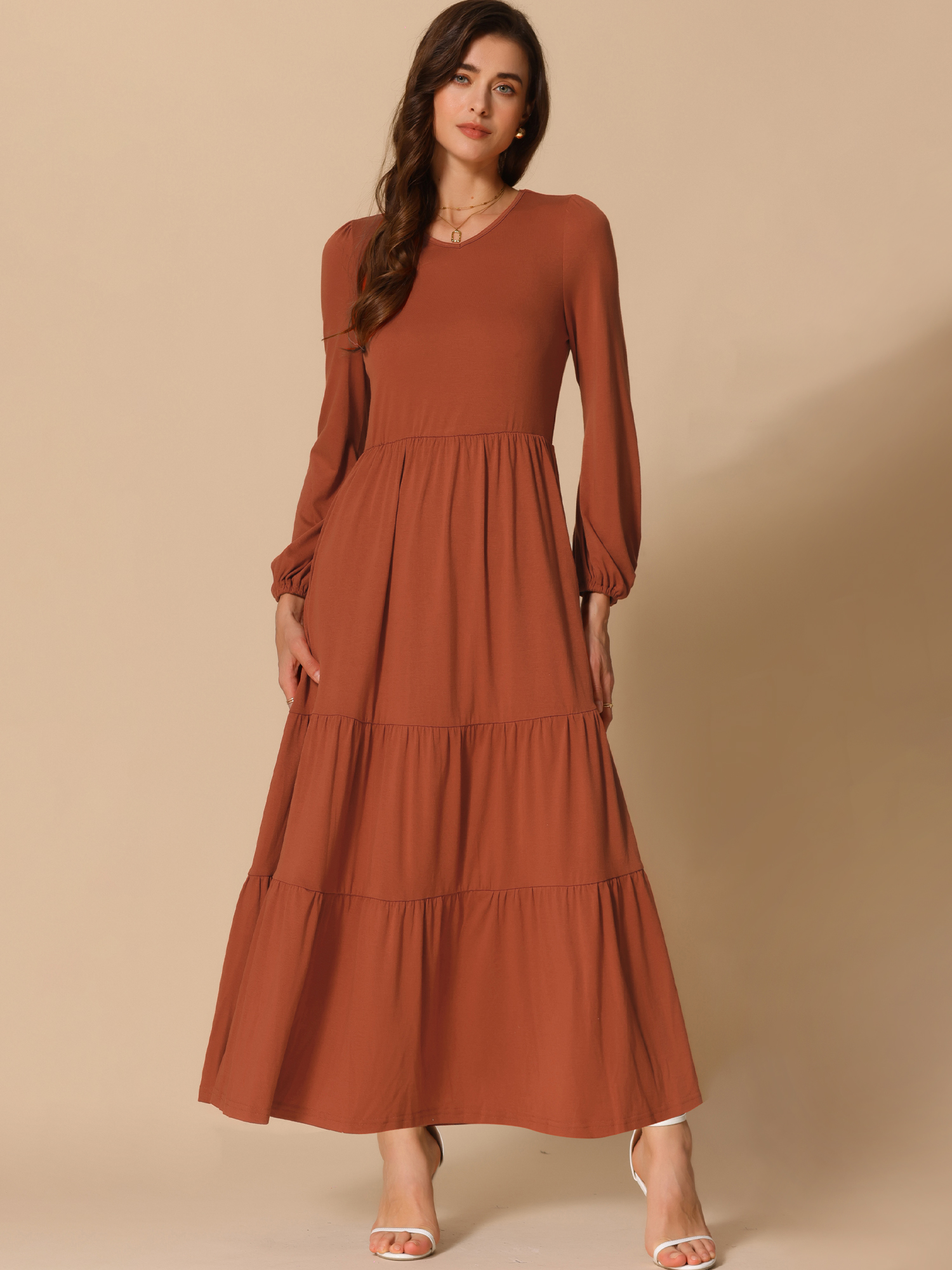 Crew Neck Long Sleeve Pockets Tiered A-Line Maxi Dress Orange/XL