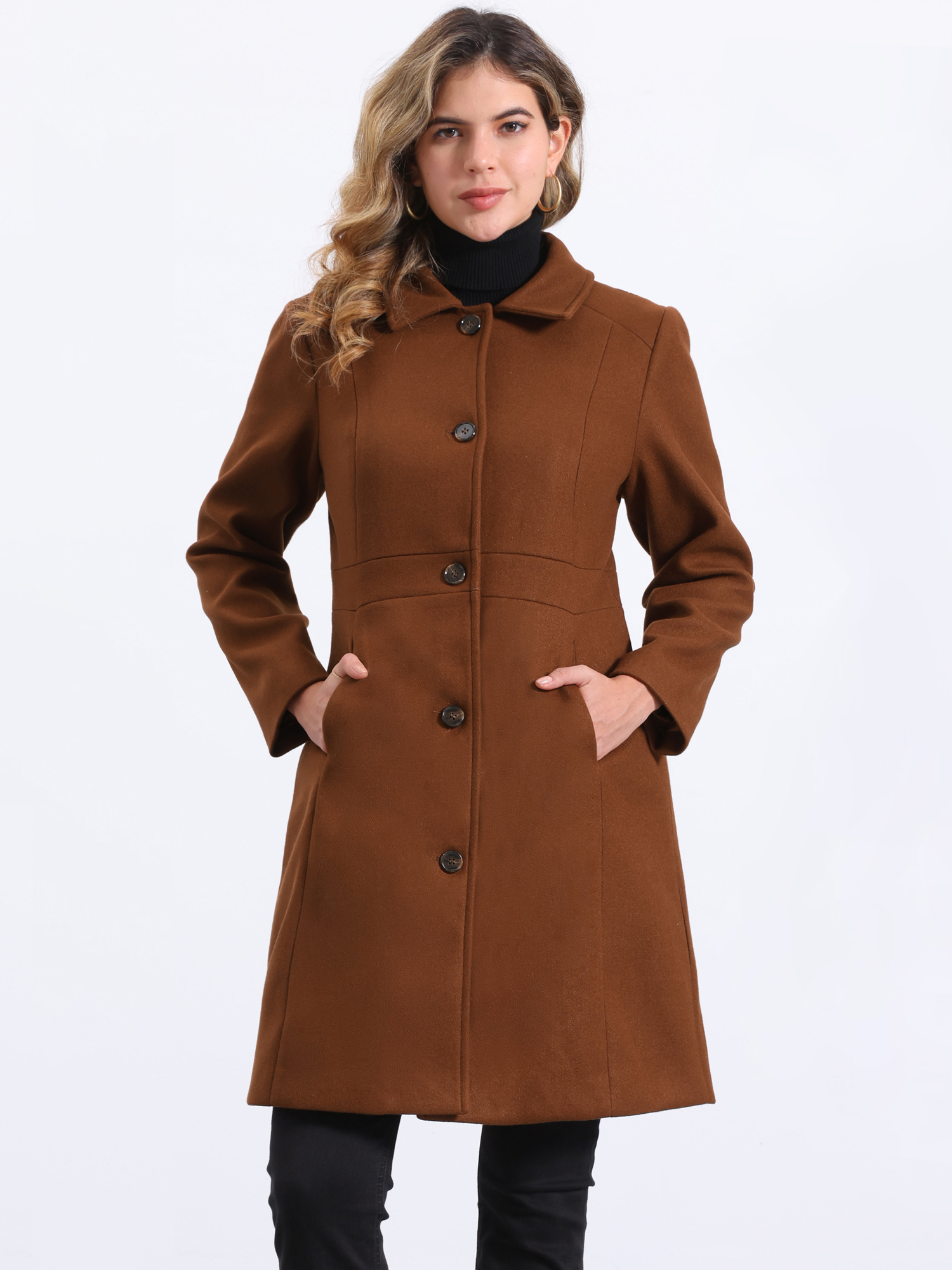 Lapel Button Down Single Breasted Long Sleeve Winter Pea Coat Brown/XS