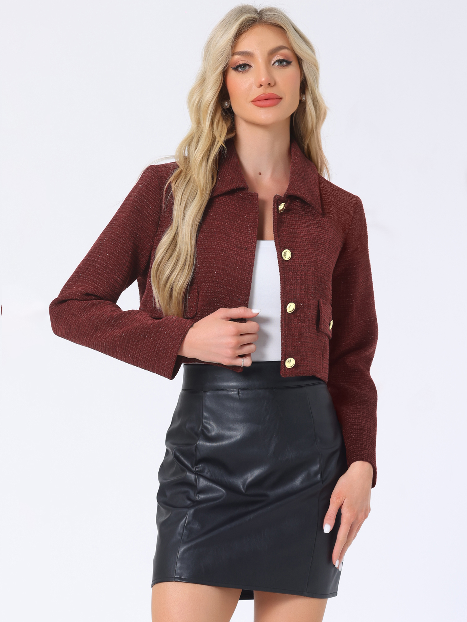 Tweed Collar Long Sleeve Button Down Cropped Jacket Wine Red/XL