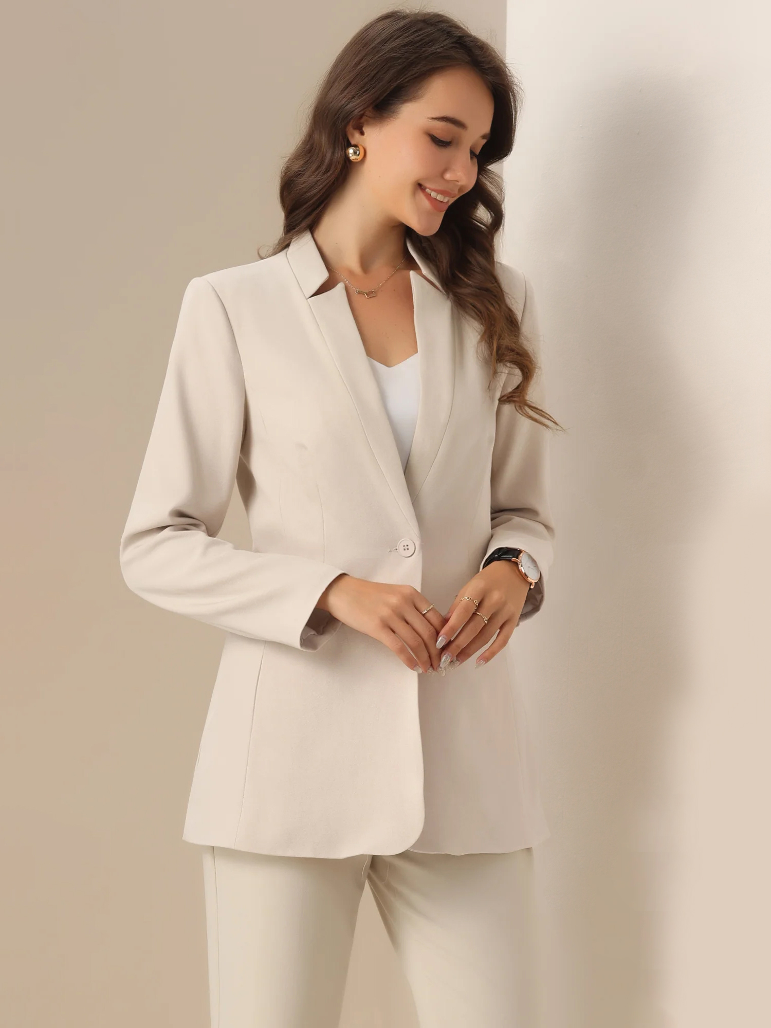 Work Office Lapel Long Sleeve Single Button Blazer Apricot/S