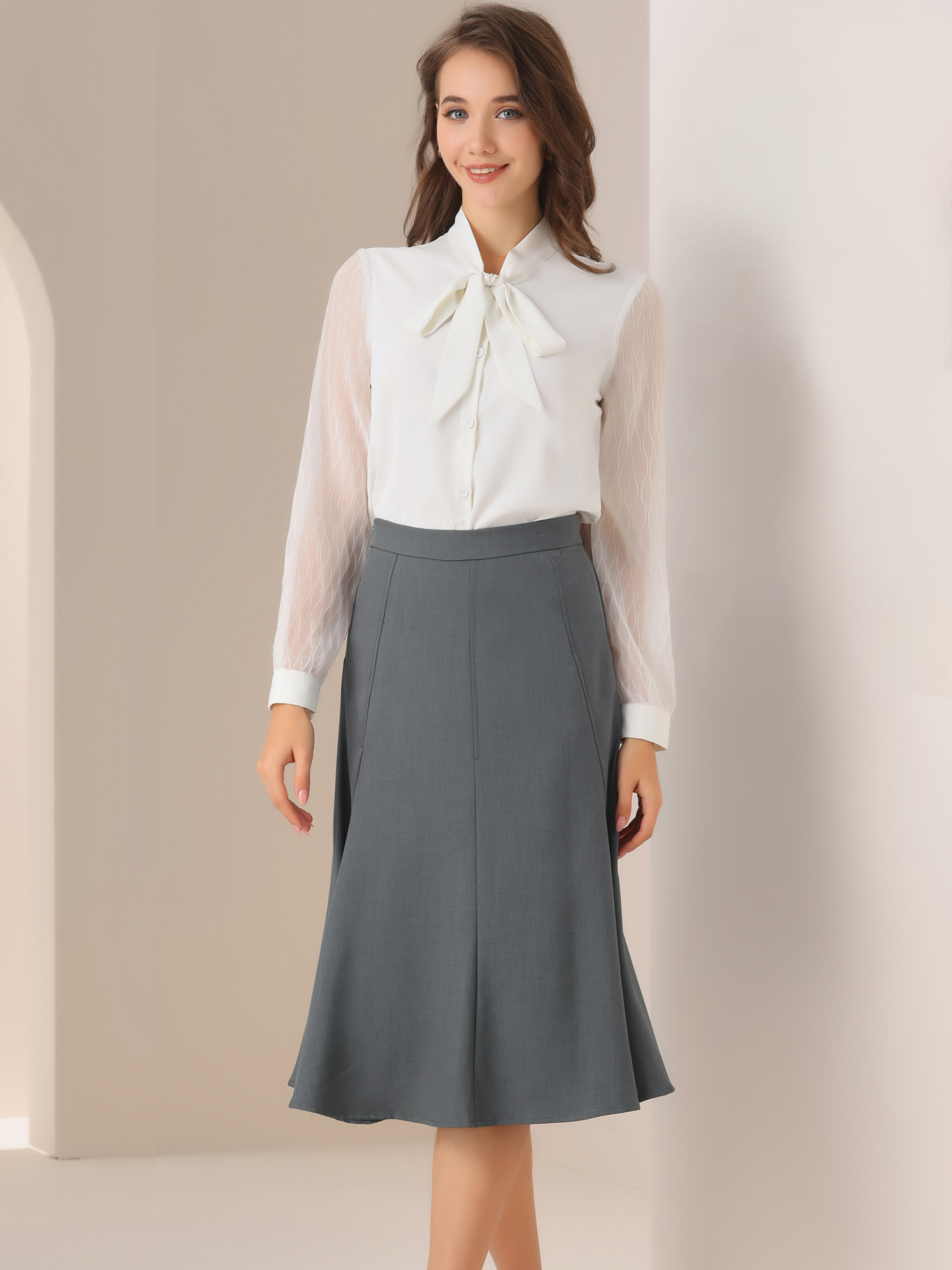 Side Zipper High Waist Elegant Flared A Line Midi Skirt Dark Grey/XL