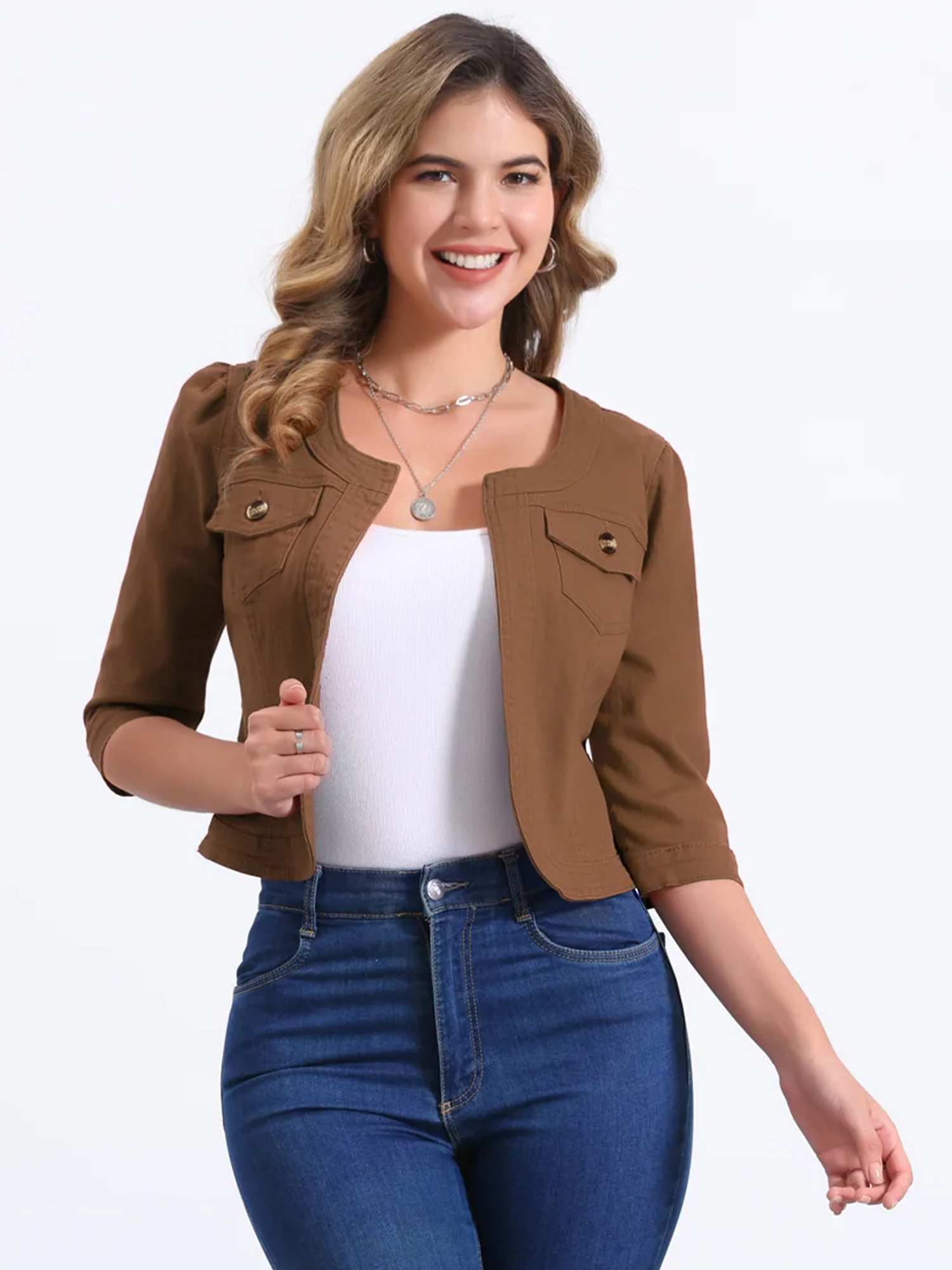 Denim Collarless Pockets 3/4 Sleeve Feminine Style Jacket Brown/XS