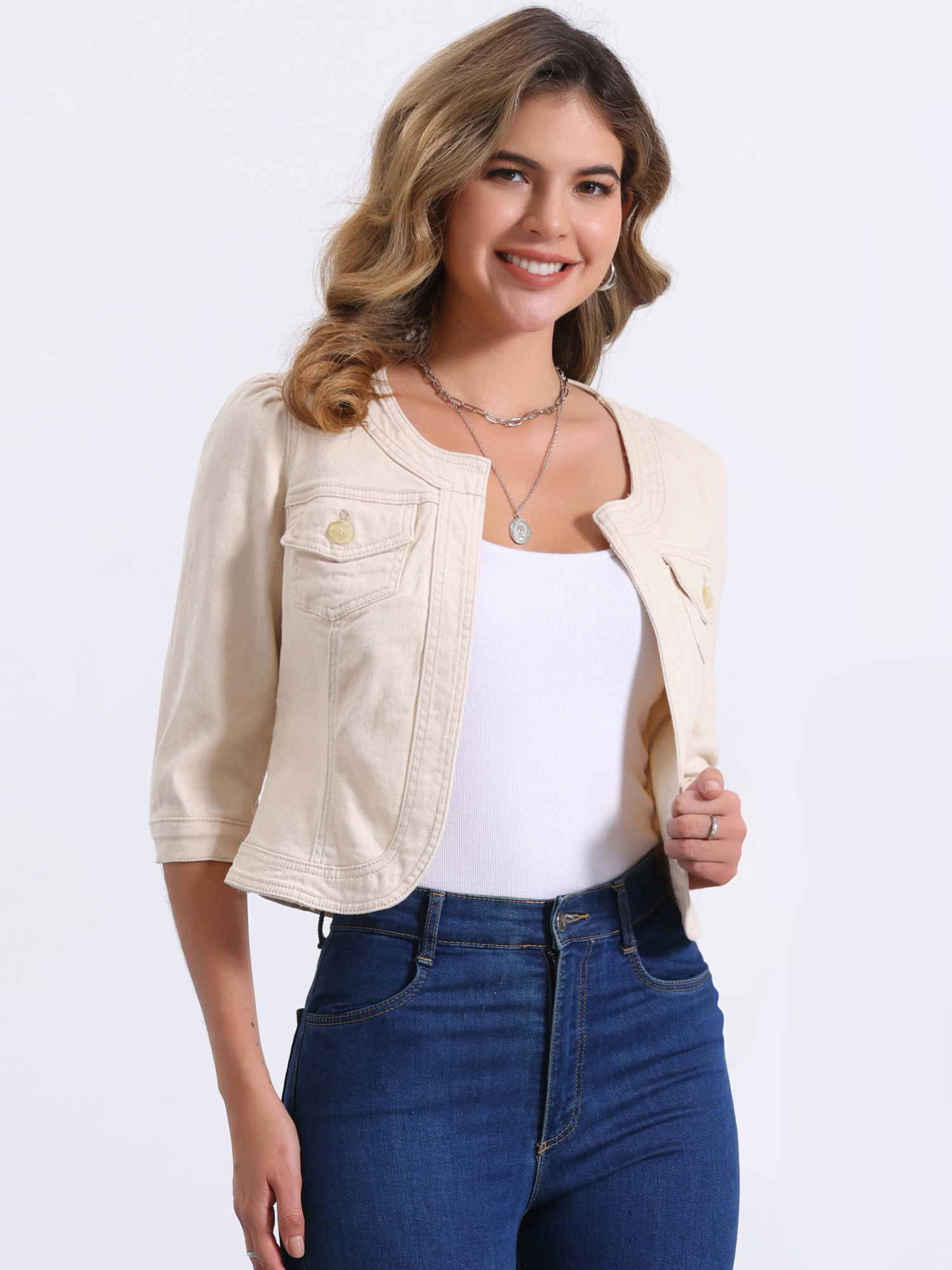 Denim Collarless Pockets 3/4 Sleeve Feminine Style Jacket Cream/XS