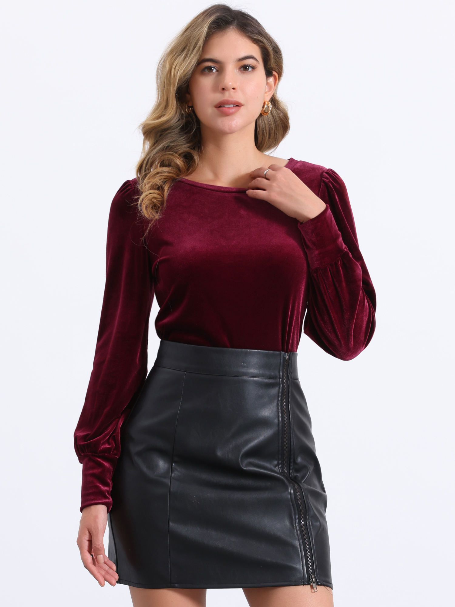 Velvet Round Neck Puff Long Sleeve Casual Pullover Blouse Burgundy/XL