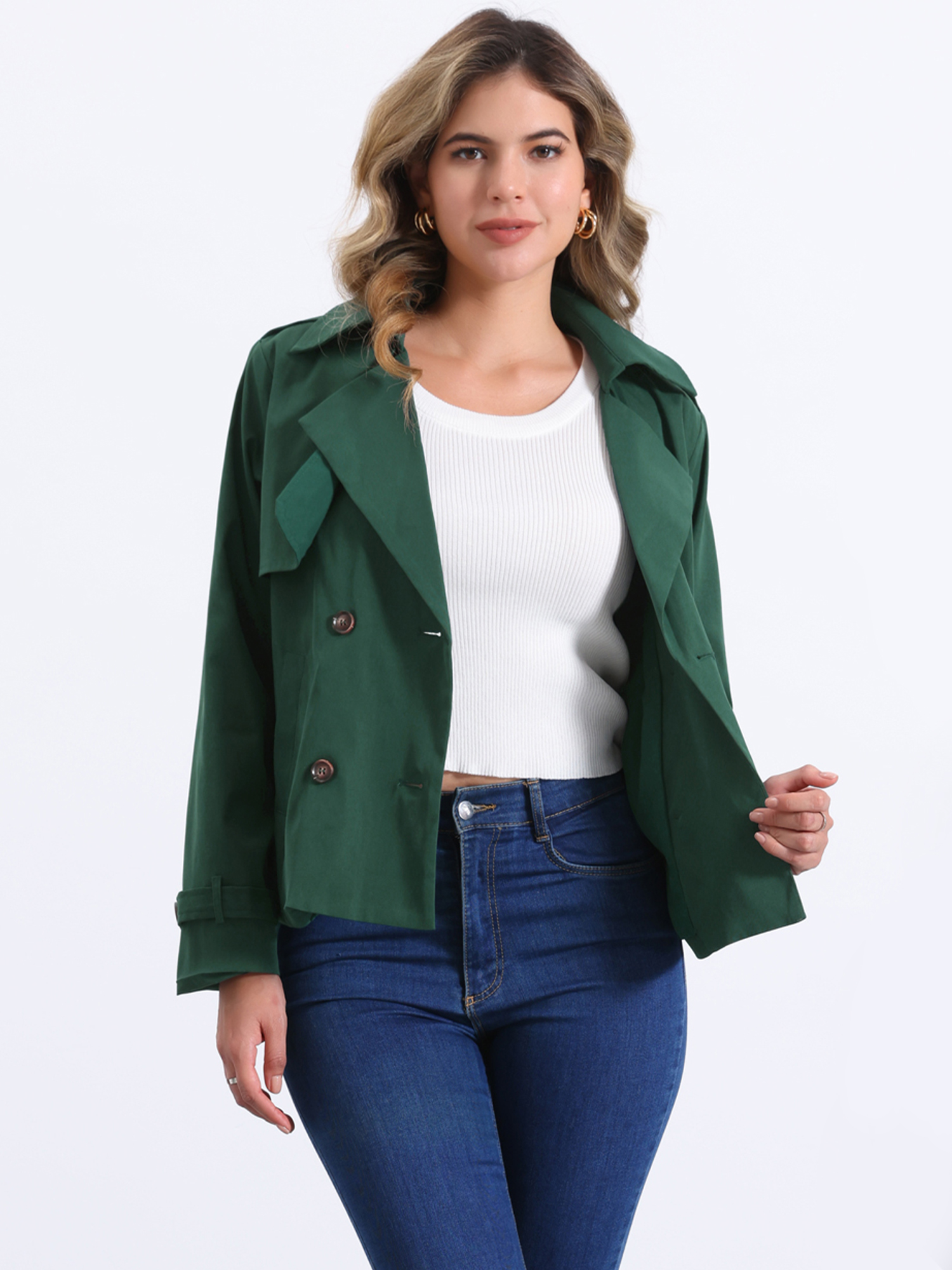 Notched Lapel Double Breasted Short Trench Coat Jacket Green/M