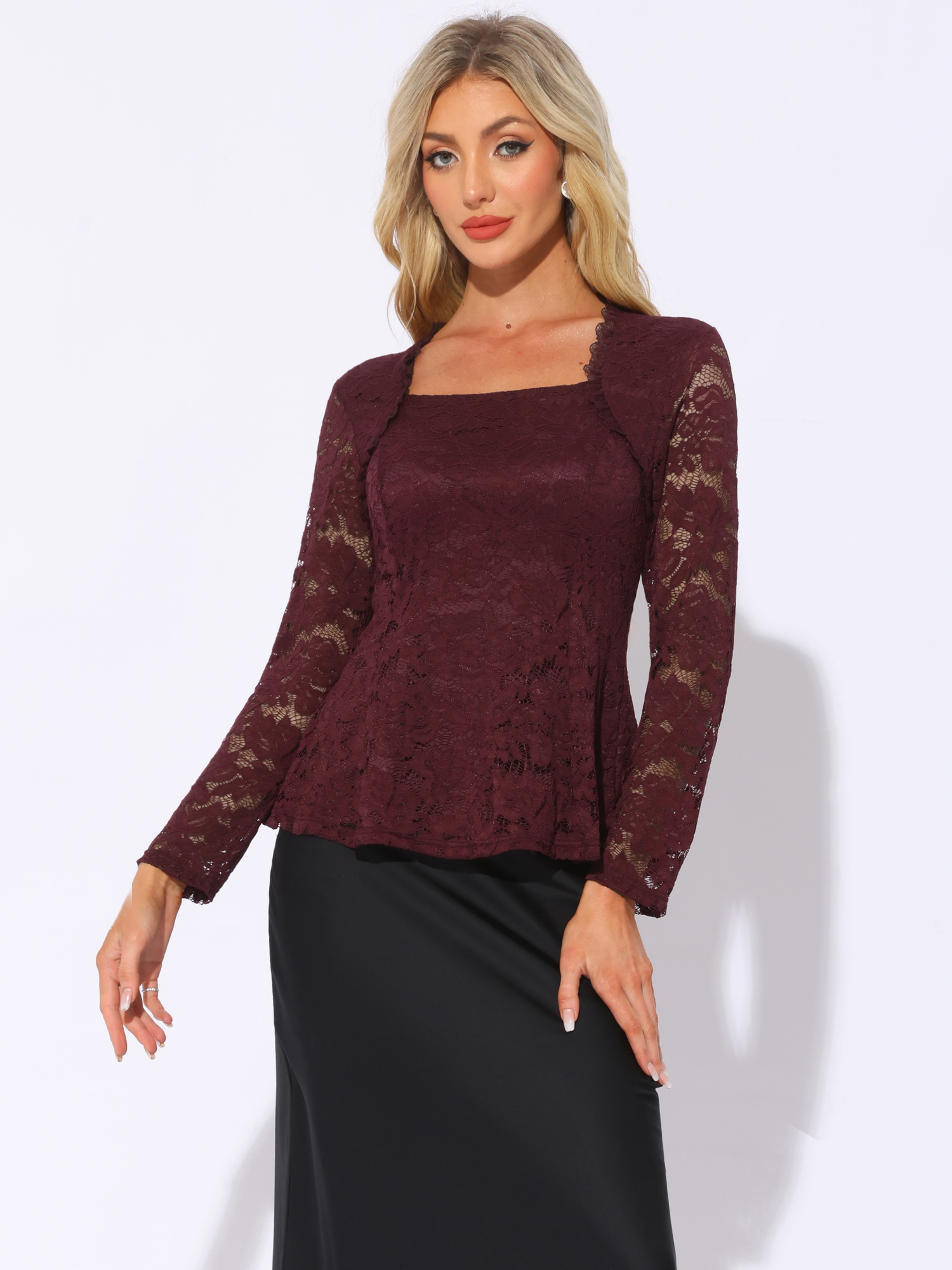 Lace Square Neck Long Sleeve Stertch Peplum Blouse Red/L
