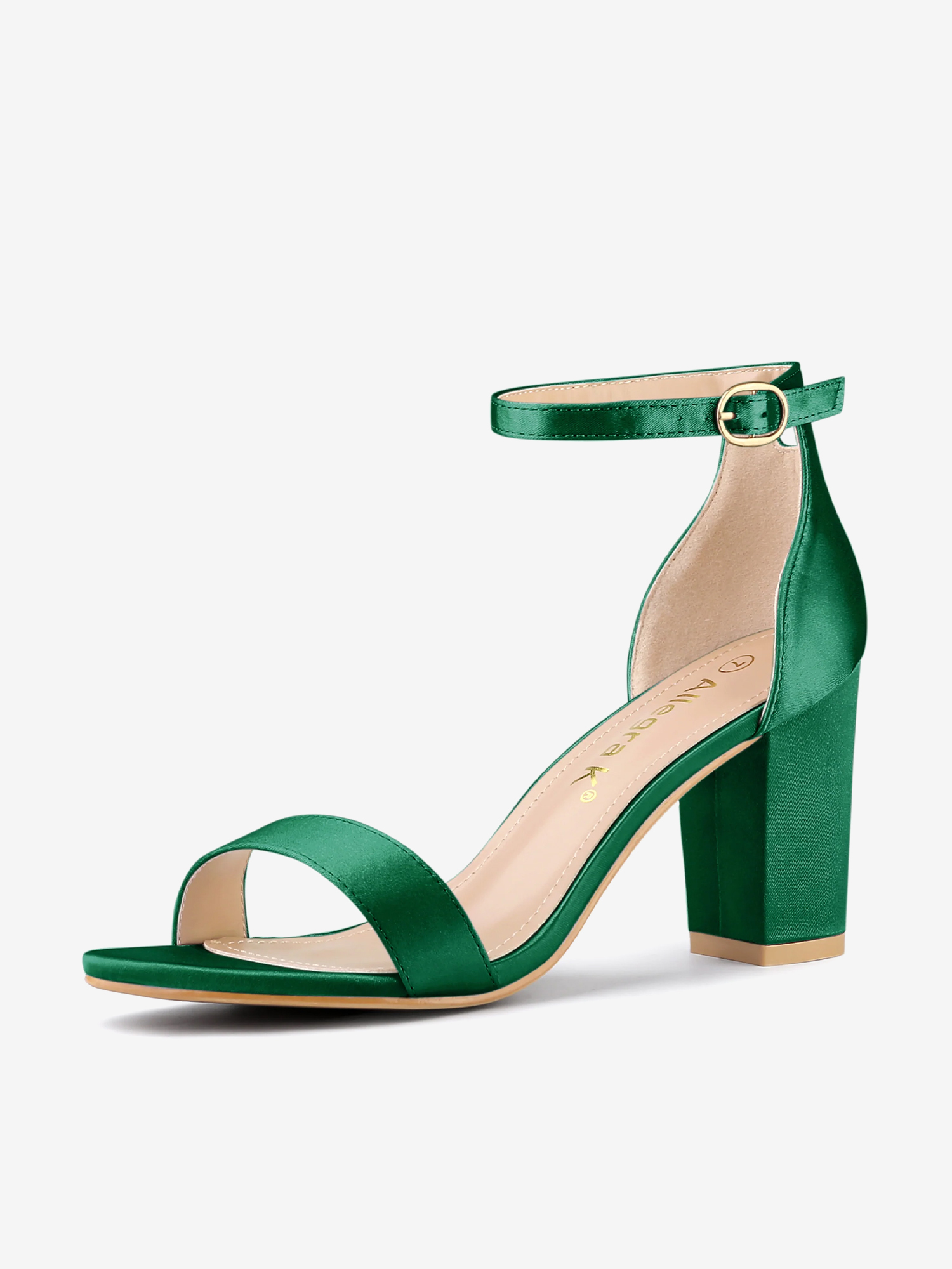 Satin Open Toe Ankle Strap Chunky Heel Sandals Dark Green/7