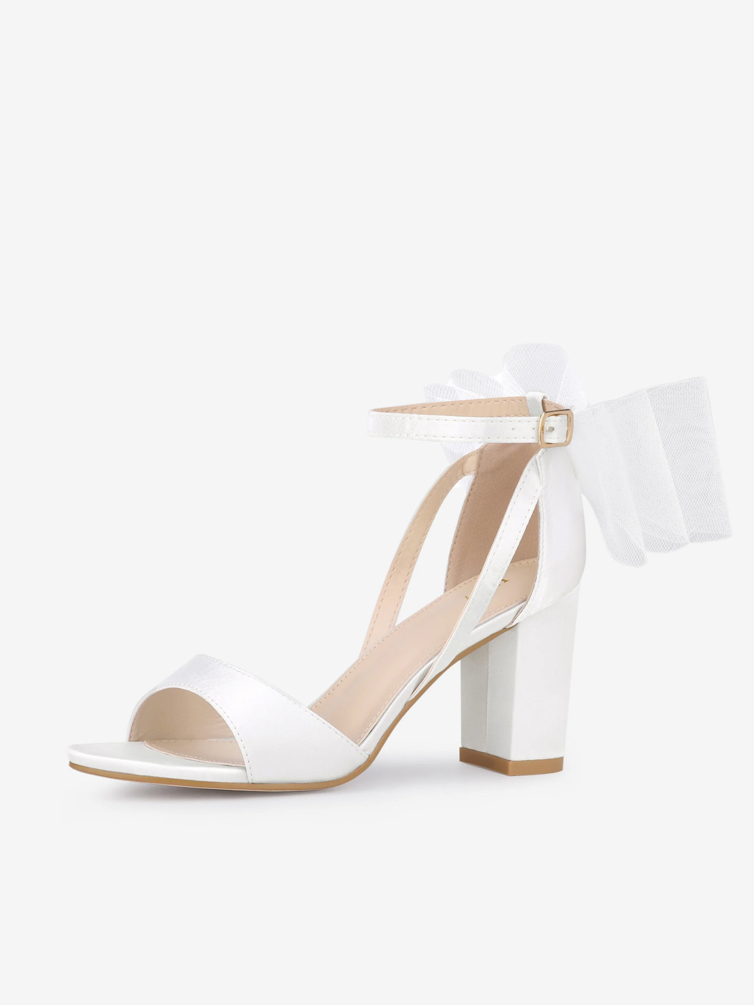 Women's Mesh Bow Ankle Strap Open Toe Chunky Heel Sandals White/7