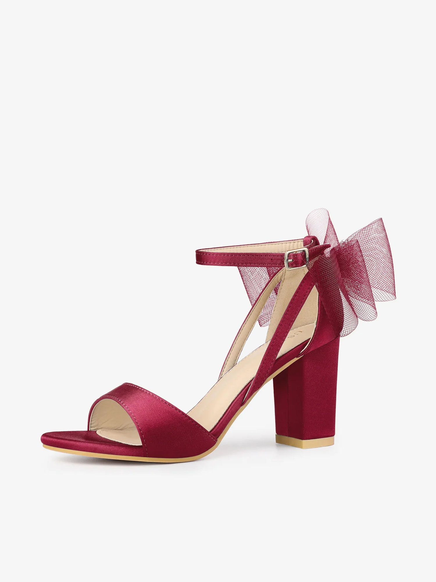 Women's Mesh Bow Ankle Strap Open Toe Chunky Heel Sandals Burgundy/6.5