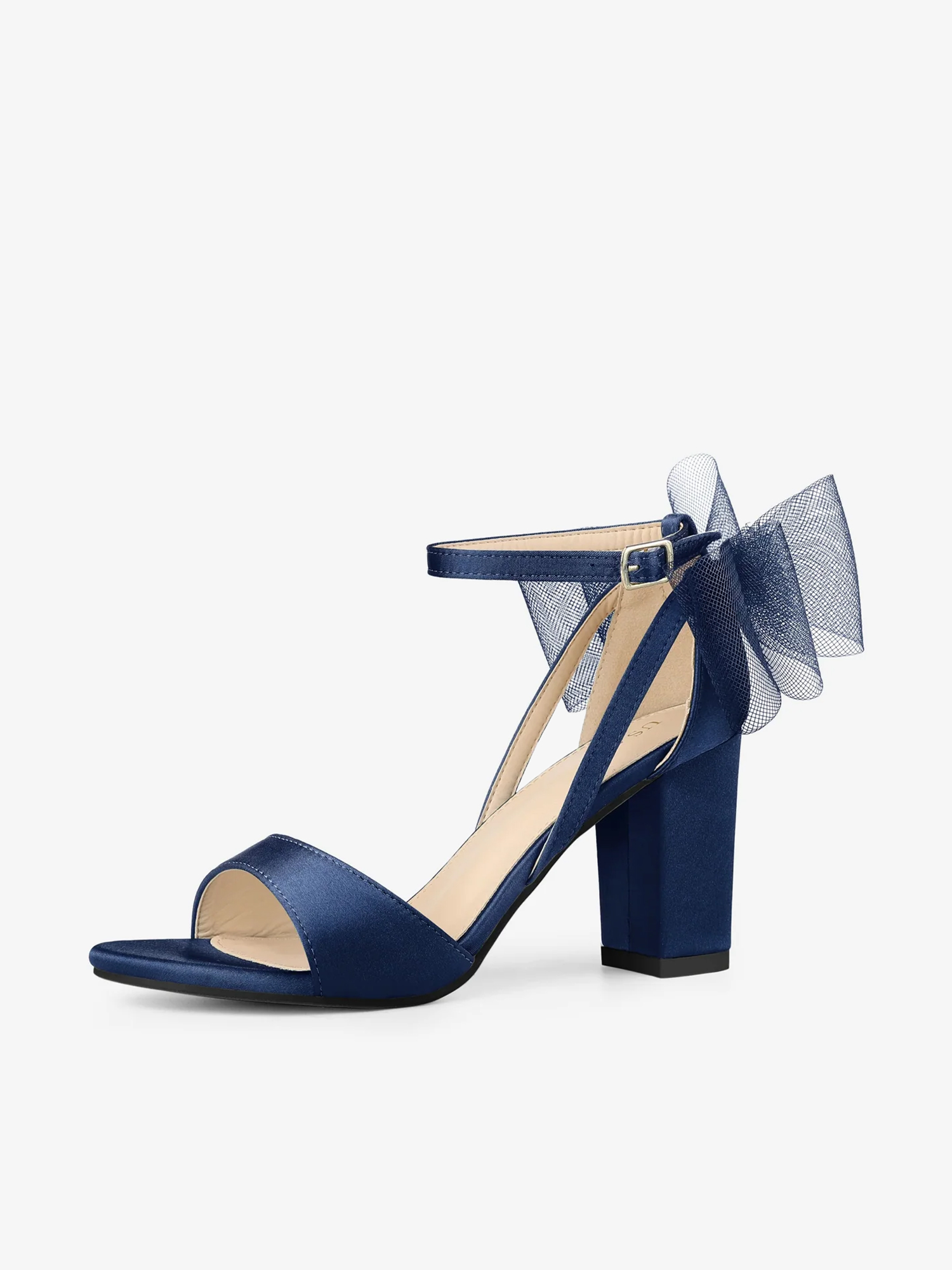 Women's Mesh Bow Ankle Strap Open Toe Chunky Heel Sandals Navy Blue/8.5