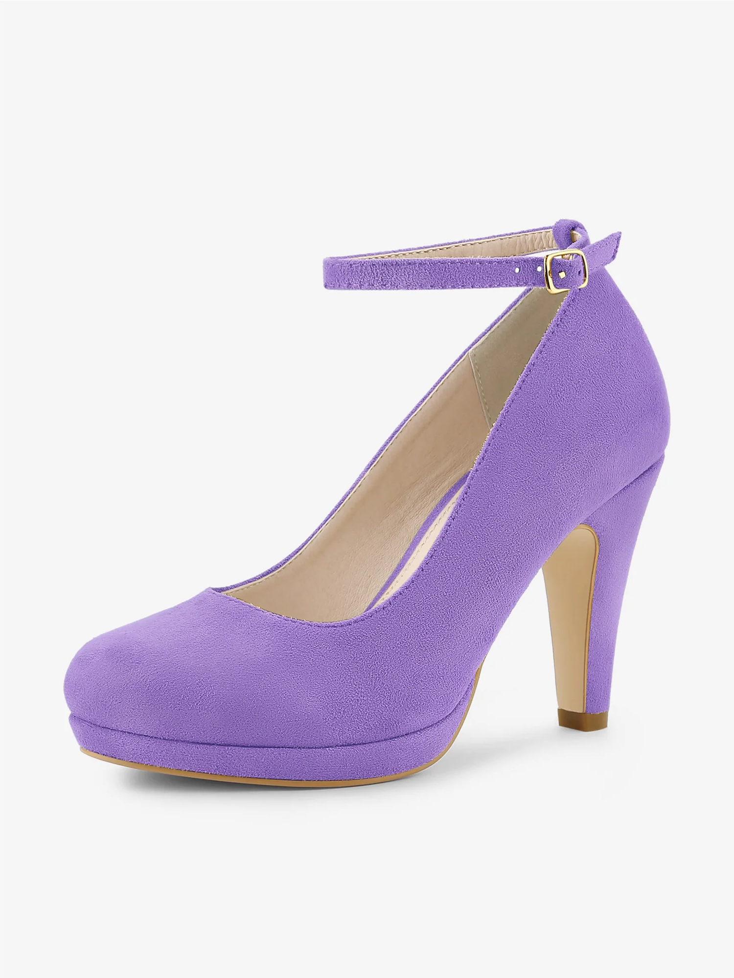 Round Toe Stiletto Heel Ankle Strap PU Leather Pumps Purple/7