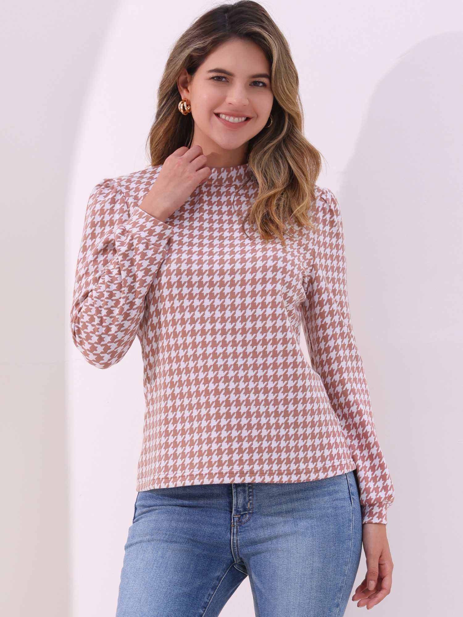 Houndstooth Mock Neck Long Sleeve Casual Blouse Pink/L