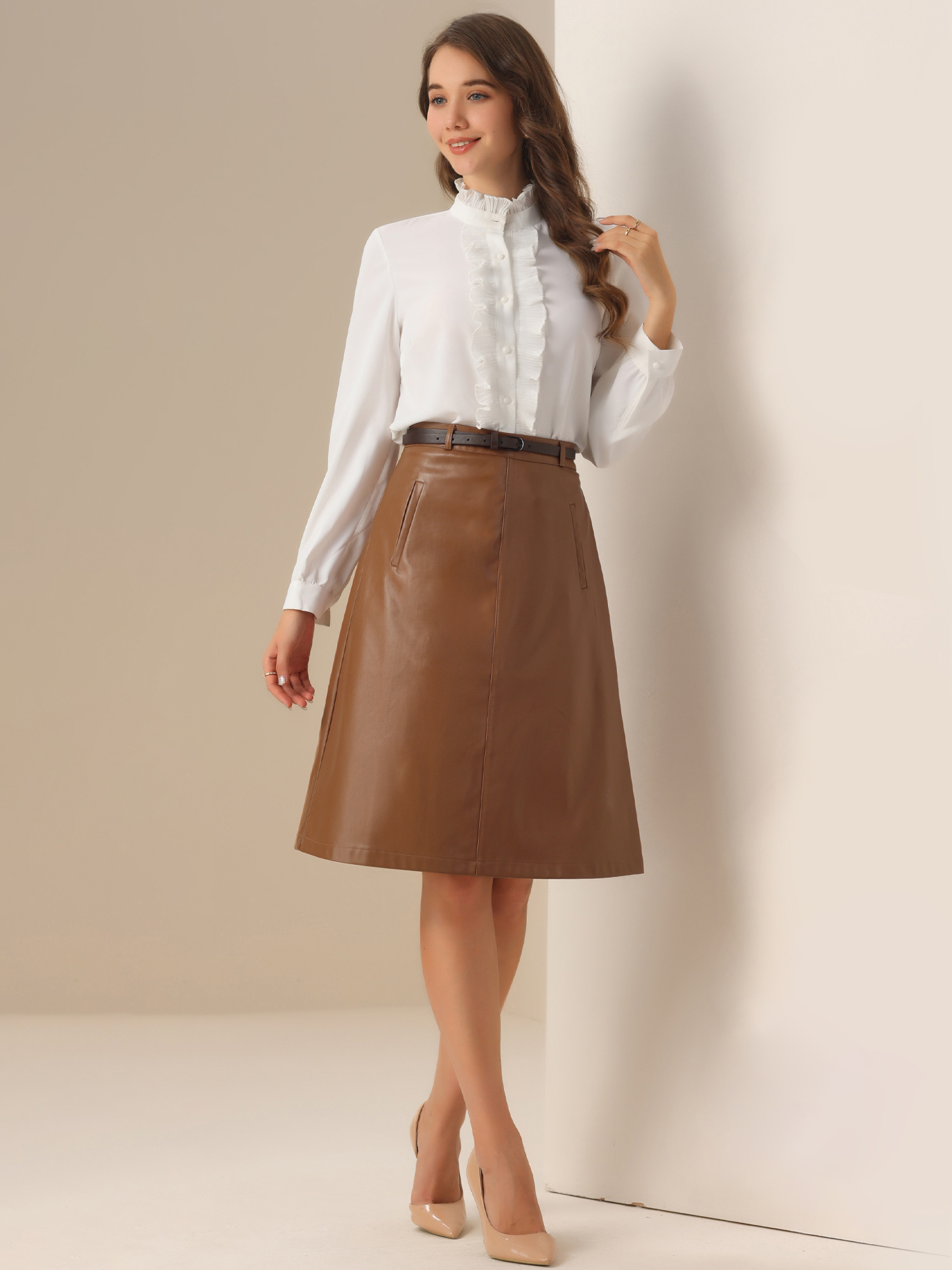 Faux Leather Belted A-Line High Waist Midi Skirt Dark Brown/M