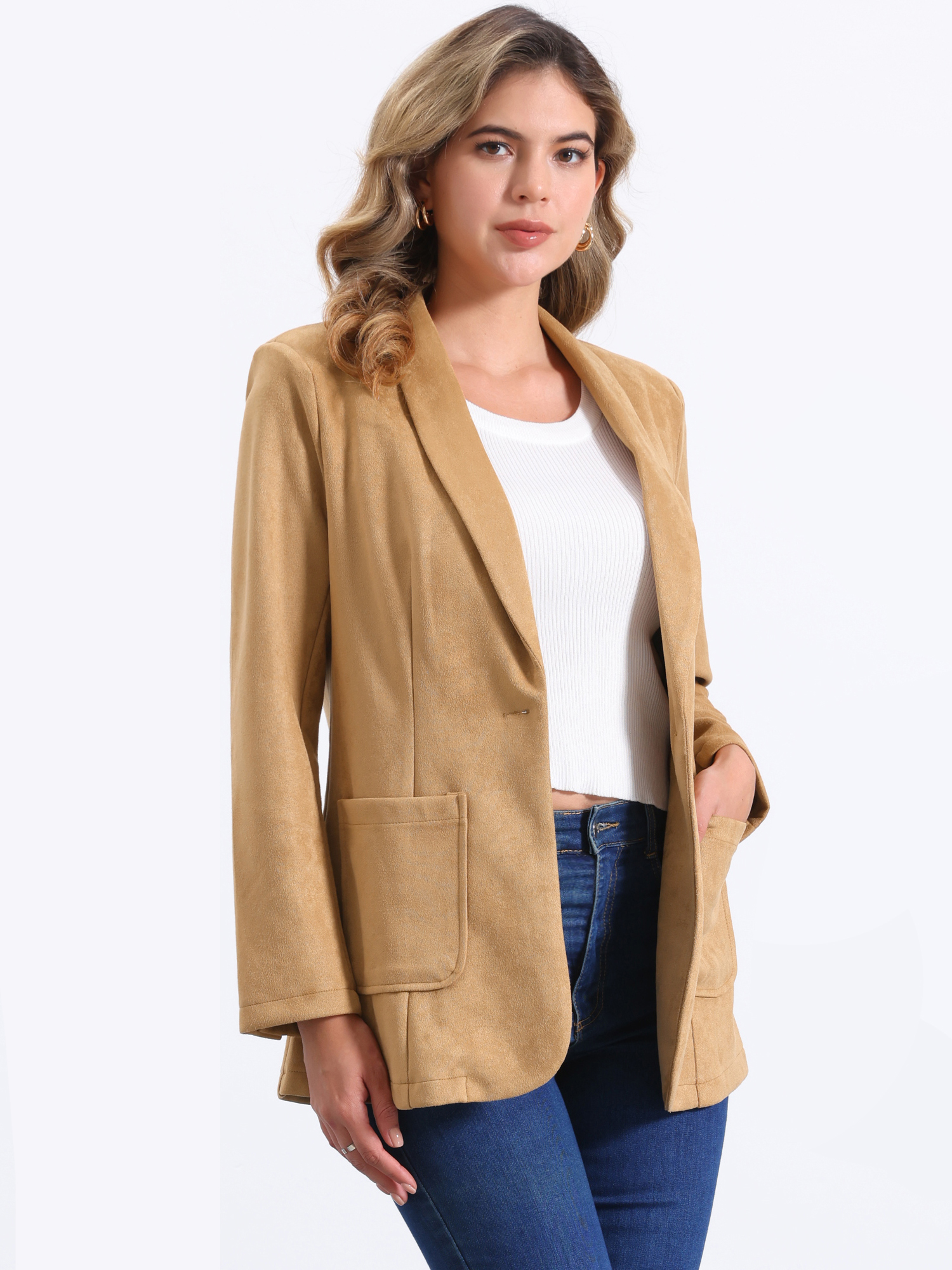 Faux Suede Shawl Collar One Button Dressy Blazer Jacket Khaki/S