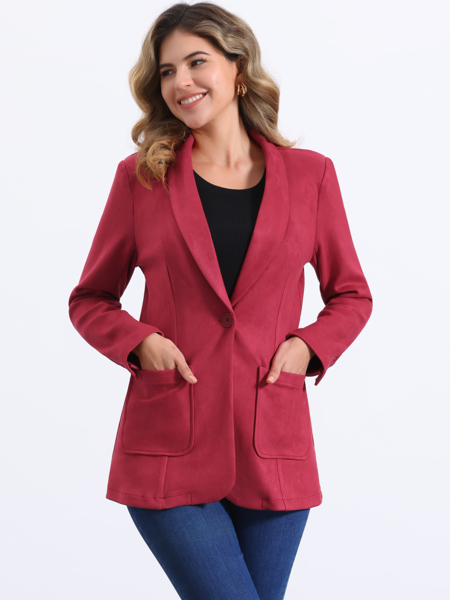 Faux Suede Shawl Collar One Button Dressy Blazer Jacket Red/XS