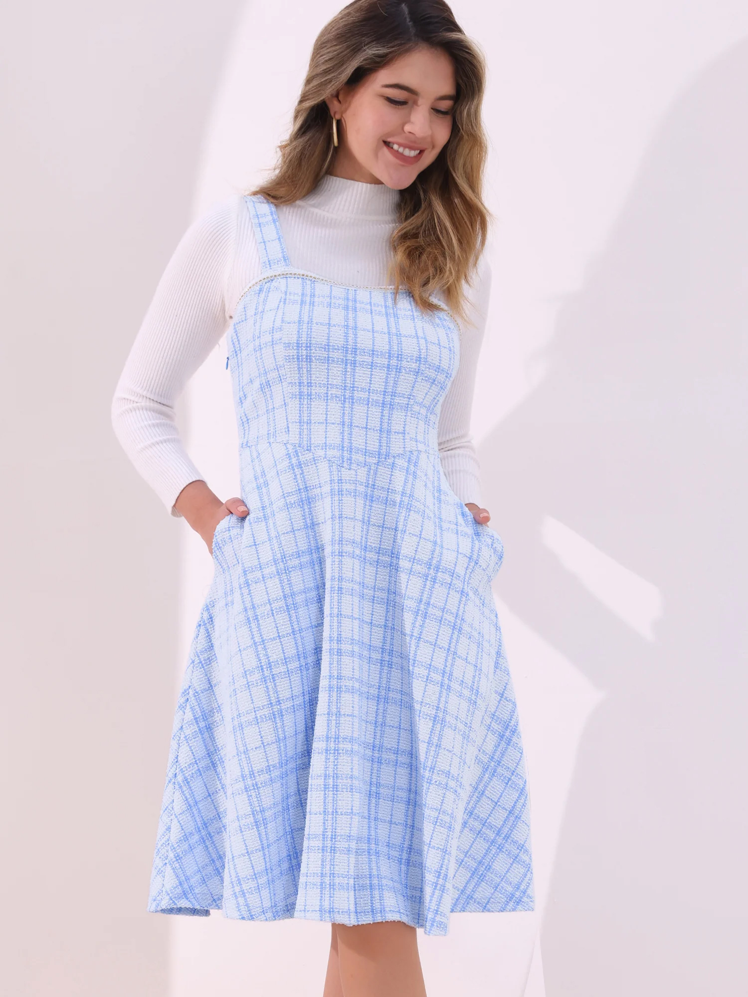 Tweed Plaid Sleeveless Pockets A-Line Pinafore Overall Dress Blue/M