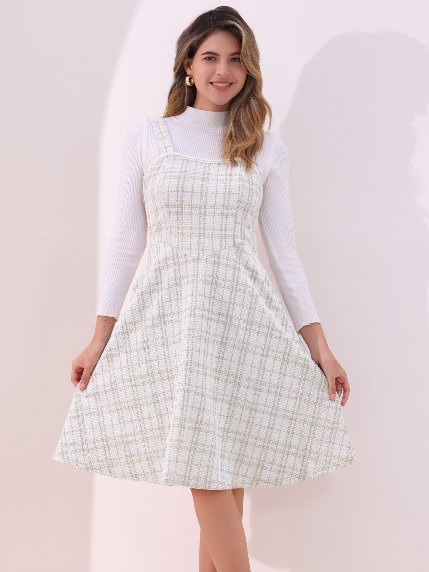 Tweed Plaid Sleeveless Pockets A-Line Pinafore Overall Dress White/S