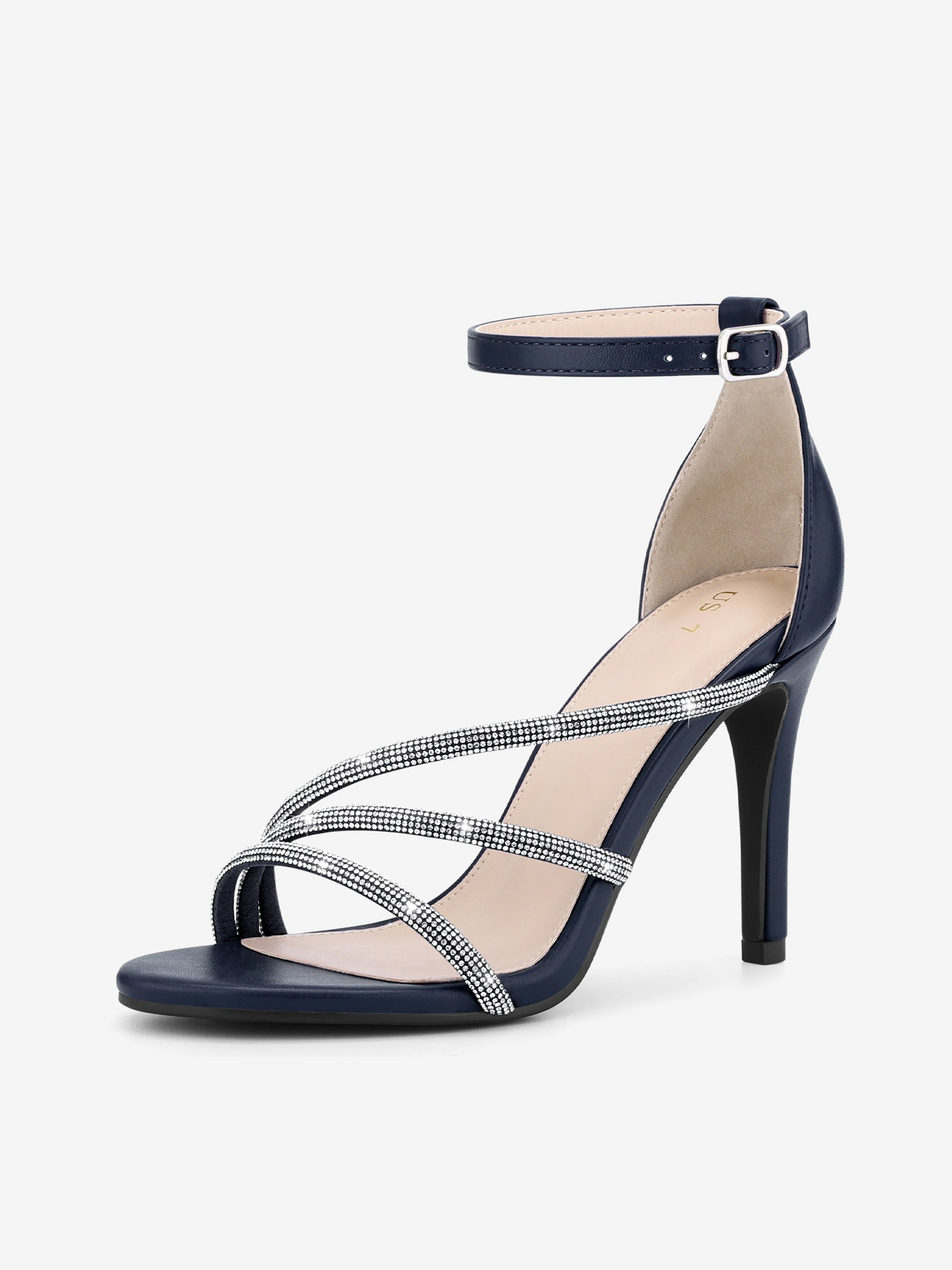 Women's Open Toe Rhinestone Strappy Stiletto Heels Sandals Navy Blue/10