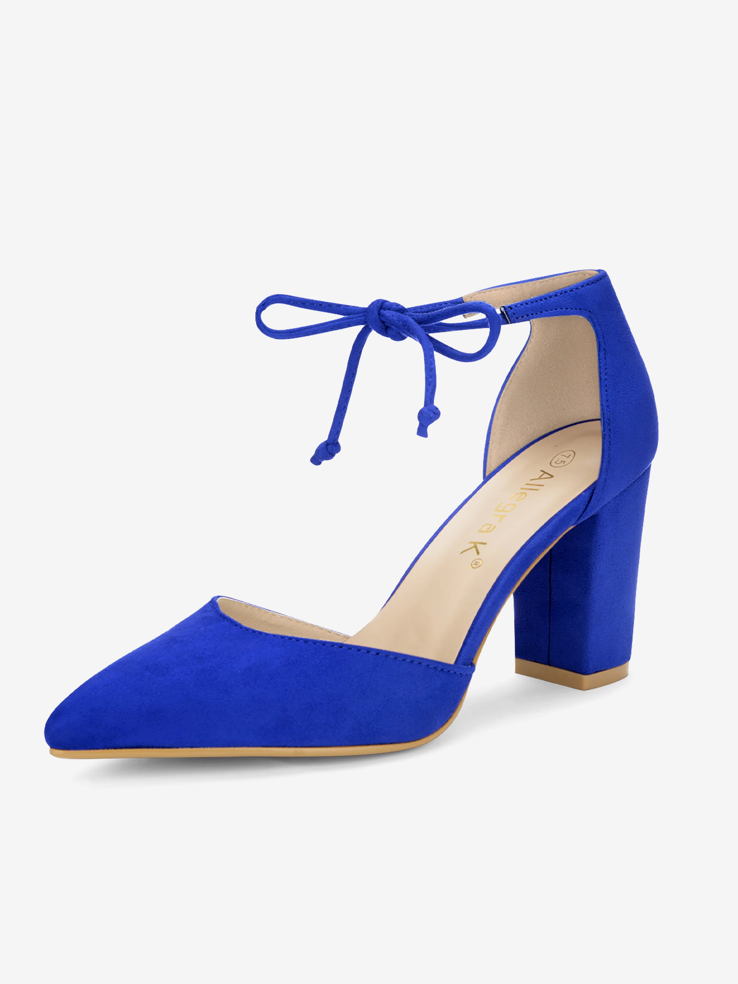 Tapered Straps Ankle Tie Point Toe Chunky Heel Pumps Deep Blue/7