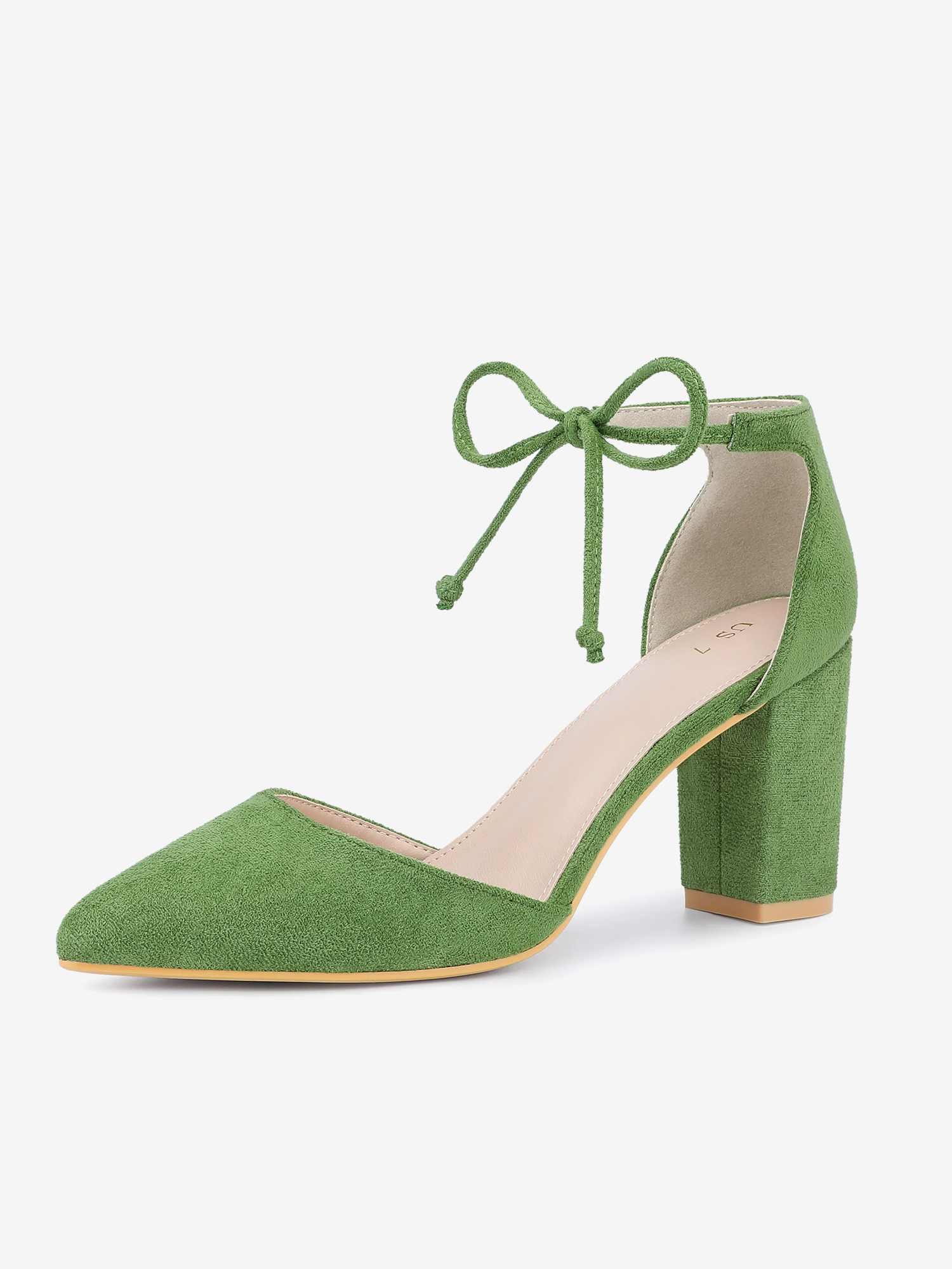 Tapered Straps Ankle Tie Point Toe Chunky Heel Pumps Olive Green/7.5