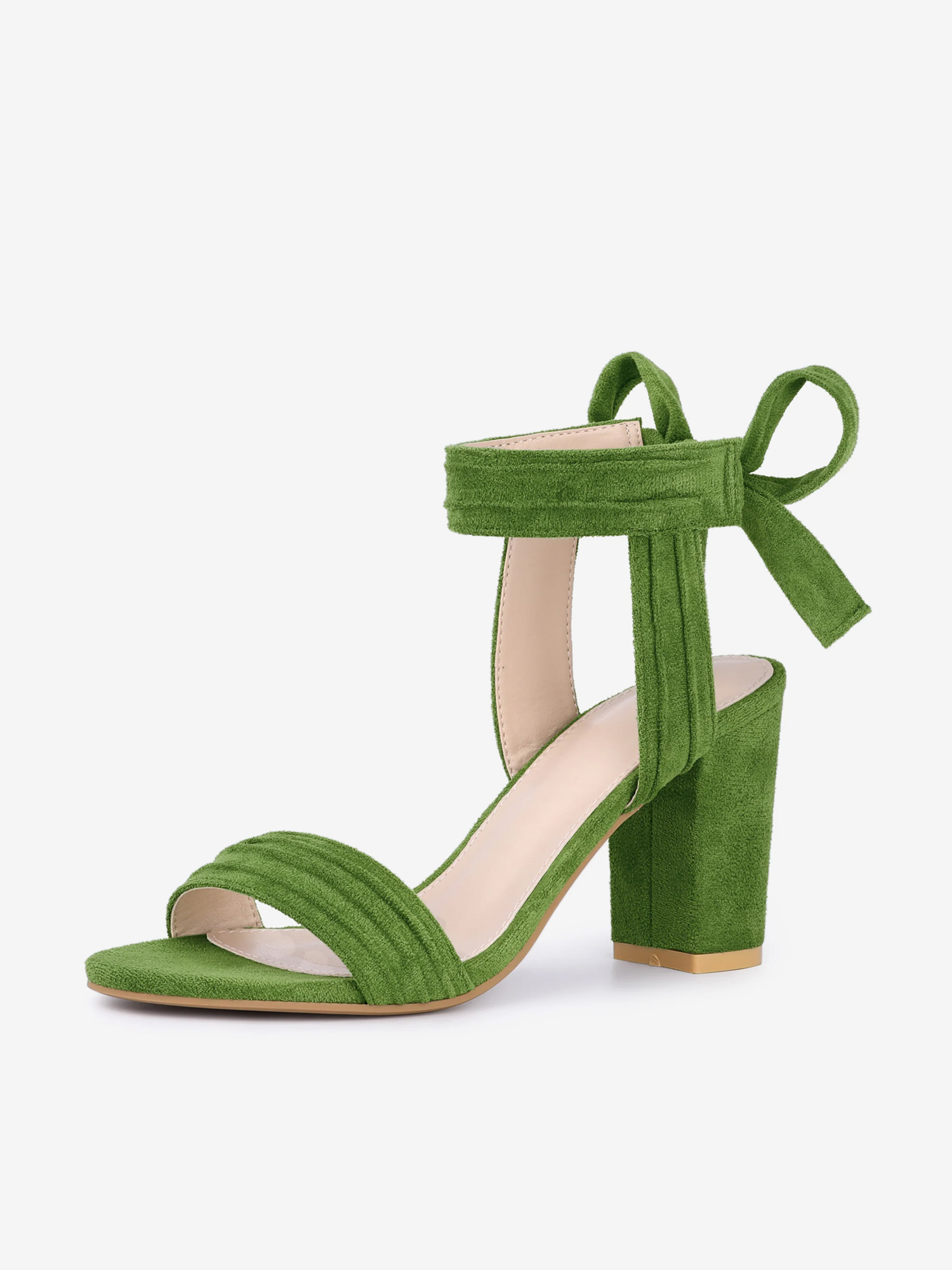 Open Toe Ankle Tie Back Faux Suede Chunky Heel Sandals Olive Green/8