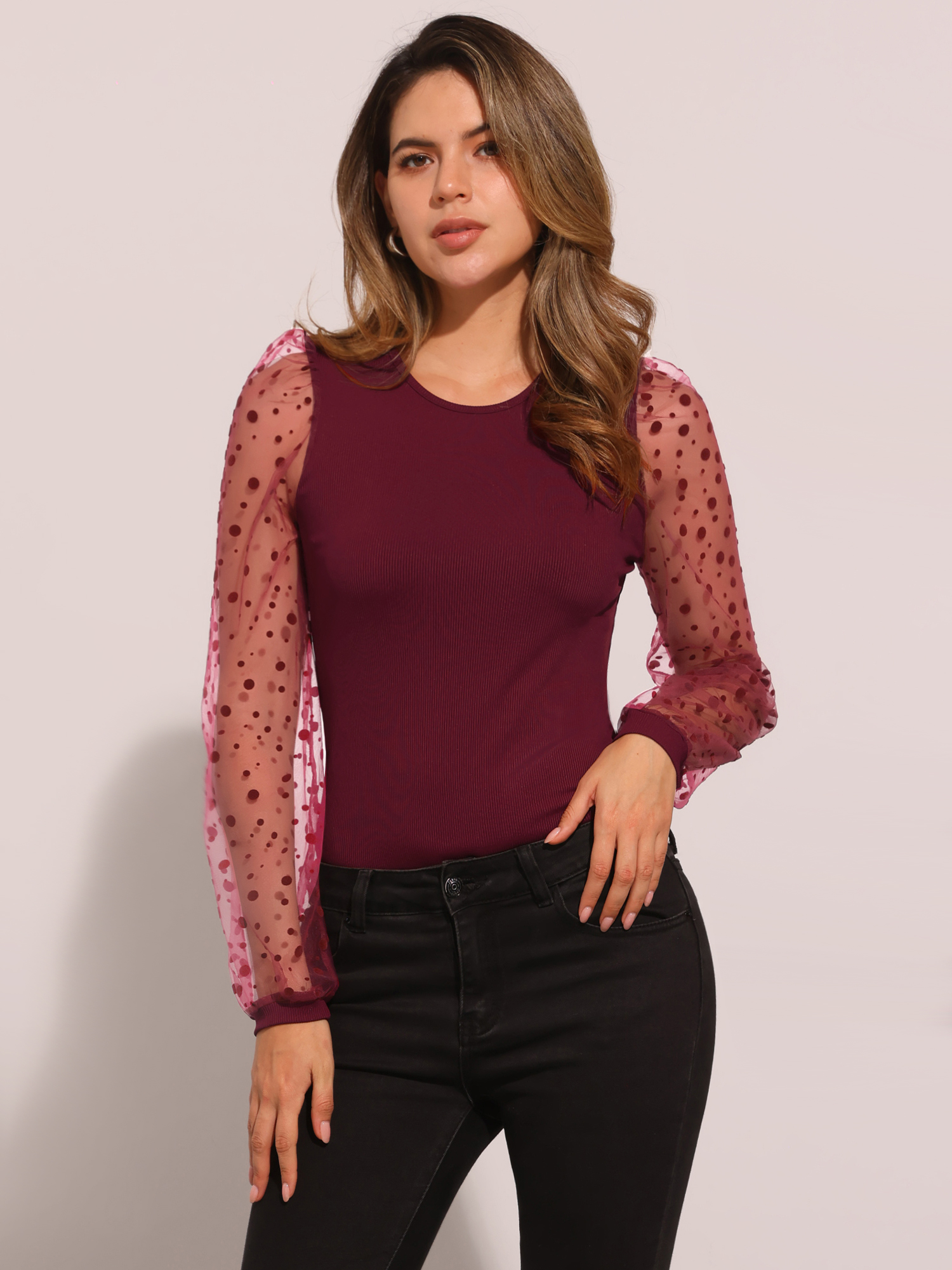 Long Mesh Sheer Polka Dots Sleeves Knit Bodysuit Burgundy/S