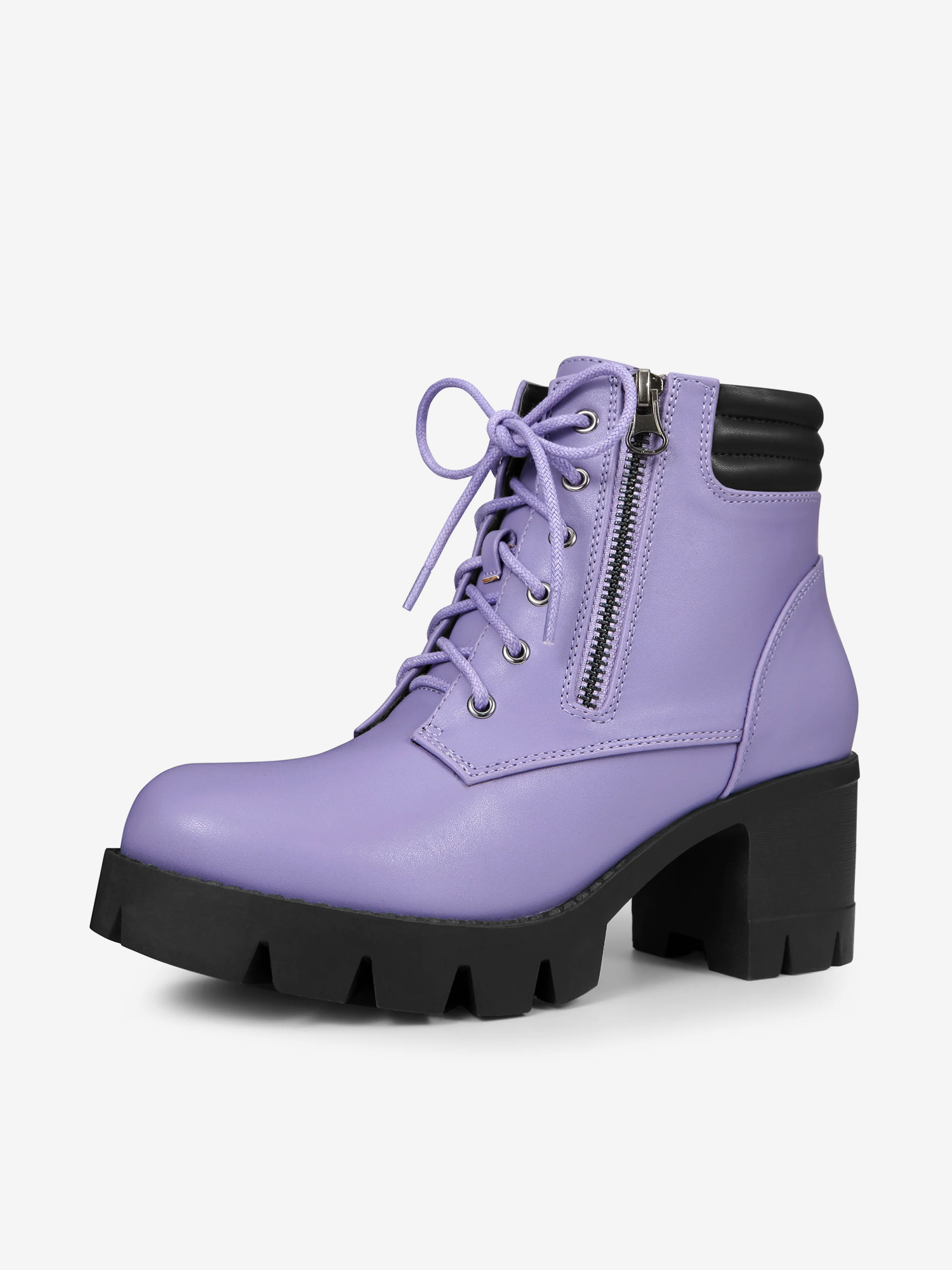 Lug Sole Zip Combat Block Heel Ankle Boots Light Purple/8