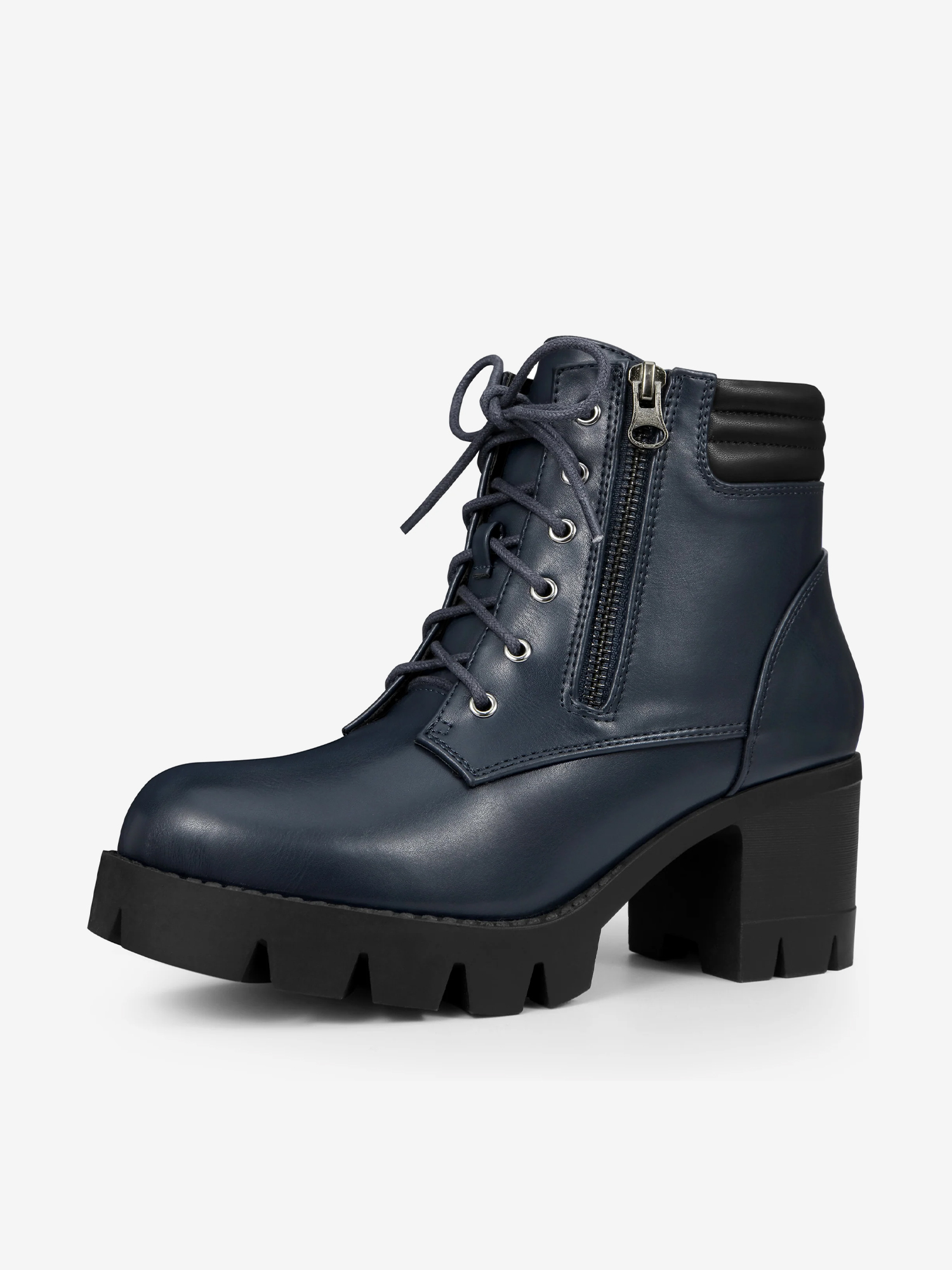 Lug Sole Zip Combat Block Heel Ankle Boots Navy Blue/8.5