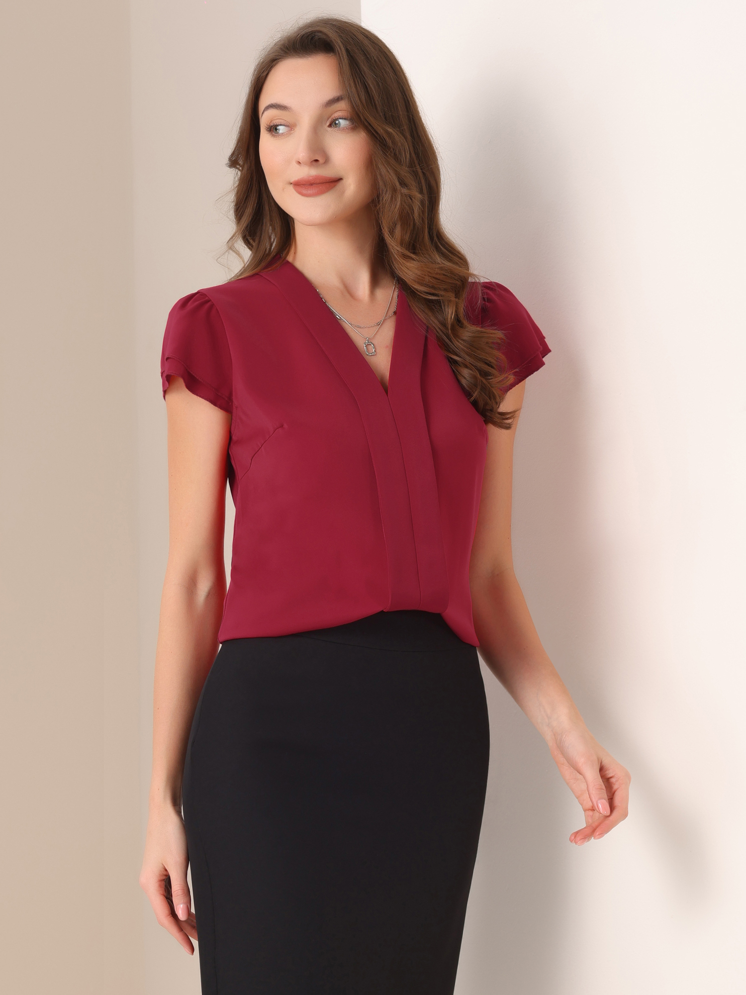 Summer Office Tops V-Neck Solid Color Casual Chiffon Ruffle Sleeve Blouse Red/XL